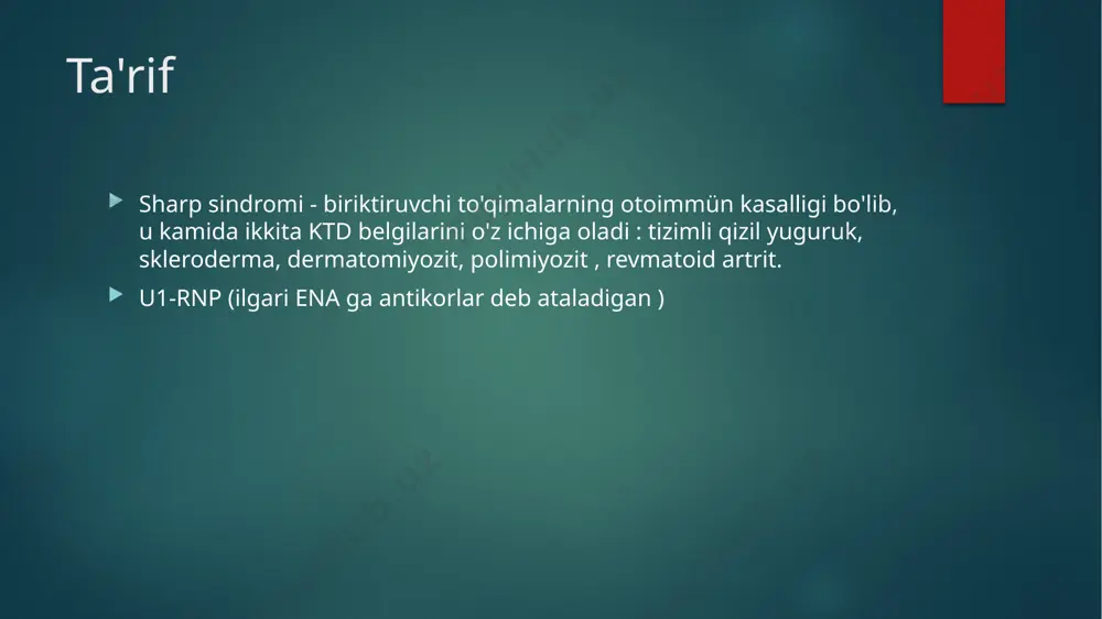 : anti-u1-rnp ( kamida 1 : 4000) + 4 yoki undan ortiq mezonlar mumkin : kamida ikkita asosiy mezon (birinchi uchta mezondan) + 2 ta kichik mezon + anti-u1-rnp titri kamida 1 : 1000 tashxisni istisno qilish mezoni : ab dan smgacha. anti-rnp va anti-sm tasniflash mezonlari ( alarcon-segovia g. , 1995) tashxis qo'yish uchun bitta serologik va uchta klinik mezon talab qilinadi ( majburiy sinovit yoki miyozit). tasniflash mezonlari ( kasukava ) mctd - istisno diagnostikasi acr / eular 2013 davolash aralash biriktiruvchi to'qima kasalliklarini davolash uchun terapiyaning maqsadi kasallikning klinik ko'rinishini nazorat qilish va ichki organlarning aralashuvini oldini olishdir. davolash raynaud semptomatik davolash kofeindan voz kechish, chekish va ekstremitalarning hipotermiyasini o'z ichiga oladi. bmcc : masalan, nifedipin . vena ichiga prostaglandinlar va nitrogliserinlar. raynaud fenomeni rituximabga javob bergan holatlar mavjud . davolash artrit va artralgiya odatda nsaid va gidroksiklorokinga yaxshi javob beradi . agar refrakter sinovit mavjud bo'lsa …