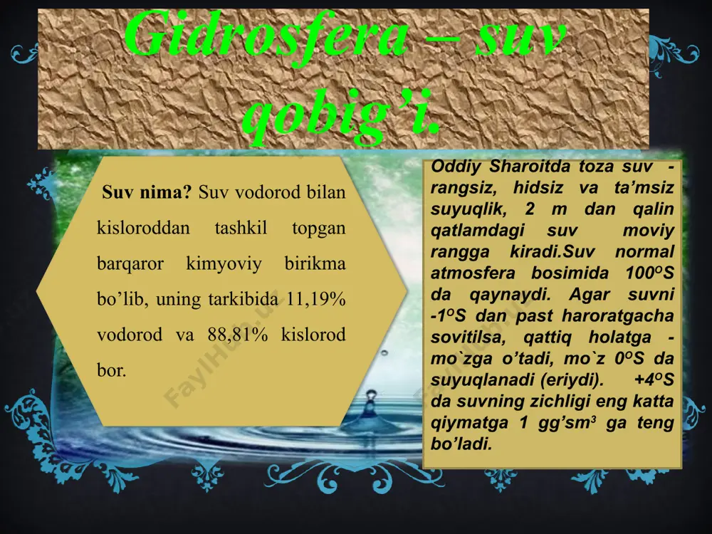 zbekistonda suvlarni ifloslovchi asosiy tarmoqlar. orolni eng kamida hozirgi holatda saqlash uchun kurashish har bir sof vijdonli insonning muqaddas burchidir. buning uchun esa dengizga qo`shimcha yiliga 40 km3 suv keltirish lozim. hozirgi real imkoniyat orol havzasi atrofida yig’ilgan zovur (qaytarma) suvlarni to`girlab, den­gizga yo`llashdir. bir kishi o`rtacha shaxsiy gigienasi uchun sutkada 150-200 l suv ishlatadi. test muammoli vaziyat amaliy ko`nikma simptom assisiment metodi test 1.suv tarkibidagi mikroelementlarning yetishmasligidan qanday kasalliklar kelib chiqadi? 1- kamqonlik; 2-bo`qoq; 3-ichburug`; 4-karies; 5-felyuroz; 6-tif a. 1,2,3,4 b. 1,3,5,4, s. 1,4,5,6, *d. 1,2,4,5, 2.suvning ifloslanishidan qanday kasalliklar kelib chiqadi? 1-oshqozon-ichak; 2-sariq kasalligi; 3-ichburug`; 4-tif; 5-bo`qoq: 6-karies; a. 1,2,4,5 b. 4,5,6 s. 2,3,4,5 *d. 1,2,3,4 muhakama 1.orol dengizini saqlab qolish mumkinmi ? 2. orol va orolbo’yi muammolari. 3. suv rеsurslari. amaliy ko`nikma simptom 1.suv 2.suvning organizm uchun ahamiyati. 3.gidrosferani muhafaza qilish. assisiment metodi foydalangan adabiyotlar. 1.karimоv i. a. xxi asr bo`sag`asida: хavfsizlikka tahdid, bоrqarоrlik shartlari va taraqqiyot …