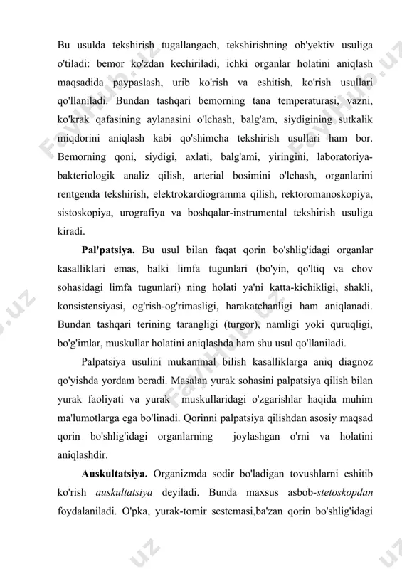 o’pka tovushi (ravshan, aniq, kuchli va davomli). 2) o’tmas tovush sekin va qisqa. 3) timpanik tovush (jarangli, davomli va ma’lum balandlikka ega). perkussiya qilingan joyda to’qima va organizmlar tebranadi. tebranish tevarak-atrofdagi havoga o’tadi. natijada tovush tarzida eshitiladi. perkussiyada qilishda hosil bo’lgan tovush xossasi , asosan organlardagi havo miqdoriga va organning elastikligiga hamda tarangligiga bog’liq. birinchi tibbiy yordamni o’rganishdan maqsad, biz kim bo’lishimizdan qatiy nazar birinchi tibbiy yordam ko’rsatishni bilishimiz zarur. chunki baxtsiz hodisalar har qadamda uchrashi mumkin, ya’ni vrach bor-yoki yo’q joyda, kasalxonaga yaqin yoki kasalxonaga uzoq joyda, shuning uchun har bir inson tibbiyot xodimlari yetib kelguncha, birinchi yordam, elektr tokidan shikastlanganda. shikastlangan odamning umumiy holatiga qarab, hushdan ketganligi yoki ketmaganligini hisobga olib, nafas olish to’xtatishini yoki to’xtamaganligini, yurak faoliyatining juda pasayib ishlayotganligini yoki to’xtab qolishi mumkinligini hisobga olgan holda, yordam ko’rsatishni tashkil qilish lozim. bunda qo’yidagi choralar ko’riladi: elektr toki ta’sirini zudlik bilan to’xtatish, o’chirish, ( quruq tayoq bilan …