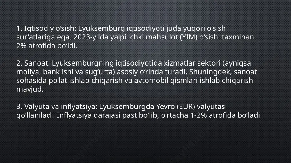 . lyuksemburgning swot tahlili (strengths, weaknesses, opportunities, threats) mamlakatning kuchli va zaif tomonlarini, shuningdek, imkoniyatlar va tahdidlarga oid tahlilni o'z ichiga oladi. kuchli tomonlar (strengths): 1. yuqori daromad va iqtisodiy barqarorlik: lyuksemburg dunyodagi eng boy mamlakatlardan biri bo‘lib, yuqori yalpi ichki mahsulot (yim)ga ega. ularning iqtisodiyoti juda rivojlangan, moliya va xizmatlar sektori yetakchidir. 2. moliyaviy markaz: lyuksemburg yevropadagi eng yirik moliyaviy markazlardan biri hisoblanadi. u yerda ko‘plab xalqaro banklar, investitsiya kompaniyalari va sug‘urta kompaniyalari faoliyat yuritadi. 3. soliq tizimi va investorlar uchun jozibador sharoitlar: lyuksemburgda soliq tizimi biznes uchun qulay va investorlarni jalb qilishda samarali. kichik biznes va yirik kompaniyalar uchun past soliqlar va turli imtiyozlar mavjud. 4. yuqori hayot darajasi: lyuksemburgda ta'lim, sog‘liqni saqlash va infratuzilma juda yaxshi rivojlangan. bu mamlakatda xalqning farovonligi yuqori. 5. geografik joylashuvi: lyuksemburg yevropa ittifoqining markazida joylashgan bo‘lib, bu mamlakatni iqtisodiy, savdo va transport markazi sifatida foydalidir. zaif tomonlar (weaknesses): 1. kichik bo‘lgan ichki …