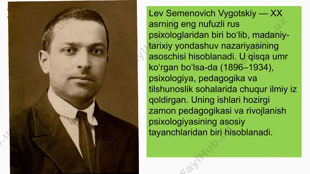 in kelajakda rivojlanish jarayonida amalga oshirishi mumkin bo‘lgan vazifalar. bu zona o‘quvchining potensial rivojlanish imkoniyatlarini aks ettiradi sergey rubinshteyn (1889-1960) — rus psixologiyasining asoschilaridan biri bo‘lib, uning faoliyat nazariyasi shaxsga yondashuvlarning muhim qismi hisoblanadi. rubinshteynning nazariyasiga ko‘ra, shaxsiyatning rivojlanishi faqat tashqi muhit va ijtimoiy sharoitlarning ta’siridan emas, balki shaxsning o‘z faoliyatlari orqali amalga oshadi. rubinshteyn faoliyatni shaxsiyatni shakllantiruvchi asosiy vosita deb bilgan. u insonning o‘z faoliyatida maqsadga muvofiq ravishda harakat qilishini va bu jarayonni ijtimoiy va madaniy kontekstda tahlil qilgan. shaxsiyatning rivojlanishi va faoliyatining o‘zaro bog‘liqligi rubinshteynning asarlarida alohida ta’kidlangan. unga ko‘ra, shaxsning psixologik rivojlanishi uning ijtimoiy muloqoti, faoliyatlari va o‘zaro aloqalar orqali amalga oshadi. 173 258 178 382 enter title here rus olimlarining shaxsga yondashuvlari psixologiyaning turli jabhalarini o‘rganishga asoslangan bo‘lib, ularning har biri inson psixikasini tushunishda yangi nazariyalar yaratgan. lev vygotskiy va aleksandr luriya madaniy-historik yondashuvlarni rivojlantirishda muhim rol o‘ynagan bo‘lsa, sergey rubinshteyn va konstantin korneychuk shaxsiyatning faoliyat …