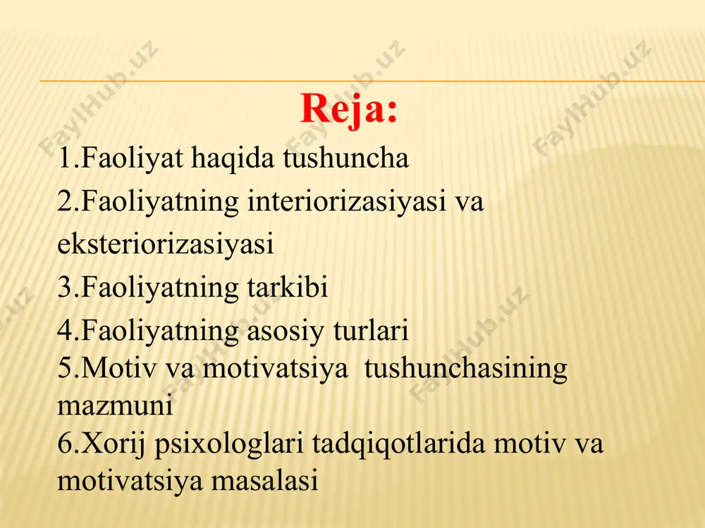 va munosabatlarni aniqlash mumkin. irsiy jihatdan mustahkamlangan dastur (instinkt)lar asosidagi xatti-harakatlar, ko'nikmalar yakka tartibda hosil bo'lib hayvonning yashash uchun tashqi sharoitlarga moslashishi sifatida namoyon bo'ladi. tajribani berish va o‘zlashtirish muloqotning ijtimoiy vositalari (til va boshqa belgilar tizimi) yoki moddiy madaniyat mahsulotlari orqali amalga oshiriladi. yordamchi qurollar, vositalar yasashi mumkin, ammo undan qurol sifatida doimo foydalanmaydi. bir qurol yordamida boshqa qurol yasay olmaydi. mehnat qurollari yasab, uni keyingi avlodlariga ham qoldirishi mumkin. turli predmet va qurollardan foydalanib, yangi qurol va vositalar yarata oladi. tashqi muhitga moslashadi o‘z ehtiyojlariga muvofiq tarzda tashqi dunyoni o‘zgartiradi. faoliyat strukturasi faoliyat motiv maqsad xarakat barcha faoliyat turlari tarkibida uchta tarkibiy qismni: maqsad–motiv–harakatni ajratish mumkindir tashqi olamdagi narsalarning holatini va xossalarini o‘zgartirishga qaratilgan harakatlarni ish-harakat (sa'i-harakat) deb yuritiladi. 9 maqsad - inson faoliyati so’nggi natijasining obrazi sifatida namoyon bo’ladi va ehtiyojlarini amalga oshirilishidir. motiv - kishini faoliyatga undaydi va unga mazmun baxsh etadi. ish-harakat galdagi bitta oddiy …