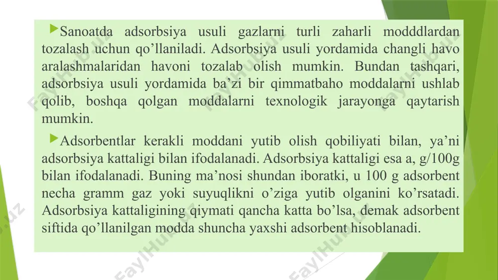 lari (ya’ni, elektrolitlar) qo’llaniladi. masalan, gazlarni oltingugurt oksididan, vodorodli oltingugurt (h2s) va metilmerkaptandan tozalash uchun ishqor (naoh) qo’llaniladi. ya’ni, so2 gazi ishqor eritmasi yordamida neytrallanadi va natijada tuz hosil bo’ladi: so2+2naoh=na2so3+n2o 13-rasm. absorberning sxemasi. atmosfera havosiga chiqarilgan oltingugurt oksidi (so2) ohak eritmasi (sao) orqali tozalanganda kalsiy sulfat tuzi hosil bo’ladi: 2so2+2sao+ n2o=2sa so2+ n2o ushbu misollardan xulosa shuki, xemosorbsiya va absorbsiyaga o’xshagan sorbsiya jarayonining bir ko’rinishi bo’lib, yutiladigan moddaning zarrachalari yutuvchi moddaning zarrachalari bilan kimyoviy o’zaro ta’sirda bo’ladi va natijada yangi modda hosil bo’ladi. image1.emf image2.png shuni alohida ta’kidlash kerakki, a adsorbentning kimyoviy tarkibiga, xossalariga va zaharli modda (ya’ni, adsorbat)ning xossalariga bog’liq bo’ladi. bundan tashqari, adsorbasiya kattaligi a tashqi omillarga, ya’ni tozalanayotgan havo yoki gaz tarkibidagi zaharli moddaning bug’ bosimiga va haroratiga bog’liq bo’ladi. adsorbsiya kattaligining bosimga bog’liqligi quyidagi adsorbsiya izotermalari tenglamasi bilan ifodalanadi: pv pba a *1 ** max   bu erda a ma’lum holatdagi adsorbsiya kattaligi, mol/g; …