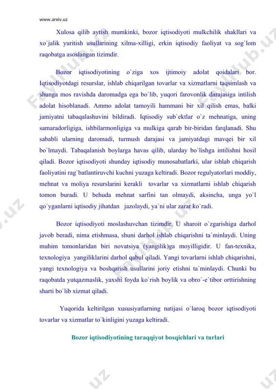 uritishi; -narx-navoning stixiyali shakllanishi; -davlatning iqtisodiyotga aralashmasligi; -stixiyali taraqqiyotning natijasi o`laroq iqtisodiy tanglik va tanazzullarning kelib chiqishi; -aholi o`rtasidagi keskin tabaqalashuv: boylarning o`ta boy bo`lib ketishi va kambag`allarning o`ta qashshoqlashuvi. yuqorida ko`rsatib o`tilgan belgilar ichida xususiy mulkchilikning hukmronligi va davlatning iqtisodiyotga aralashmasligi mumtoz kapitalizmning asosiy belgilaridan bo`lib qolmay, balki uning samarali amal qilishiga to`sqinlik qiluvchi kamchiliklari hamdir. aynan ana shu kamchiliklar tufayli u tobora "yovvoyilashib" boraveradi va pirovard natijada uning o`rnida madaniylashgan bozor iqtisodiyoti tizimi shakllanadi. madaniylashgan (tamaddunlashgan deb ham aytish mumkin) bozor iqtisodiyoti bozor munosabatlari va iqtisodiyotni davlat tomonidan tartibga solishga asoslangan tizimdir. uning xarakterli belgisi iqtisodiyotda davlat sektorining ham mavjudligi va jamiyat iqtisodiy faoliyatini tartibga solishda davlatning faol ishtirok etishidir. shu o`rinda jahonda mashhur iqtisodchi olim adam smitning 1776 yilda angliyada chop etilgan "xalqlar boyligining tabiati va sabablari to`g`risida tadqiqot" nomli kitobining markaziy g`oyasiga to`xtalib o`tamiz. uning fikricha, davlat iqtisodiyotni xoli qo`ysa, ya`ni unga aralashmasa, iqtisodiyot yaxshiroq amal …