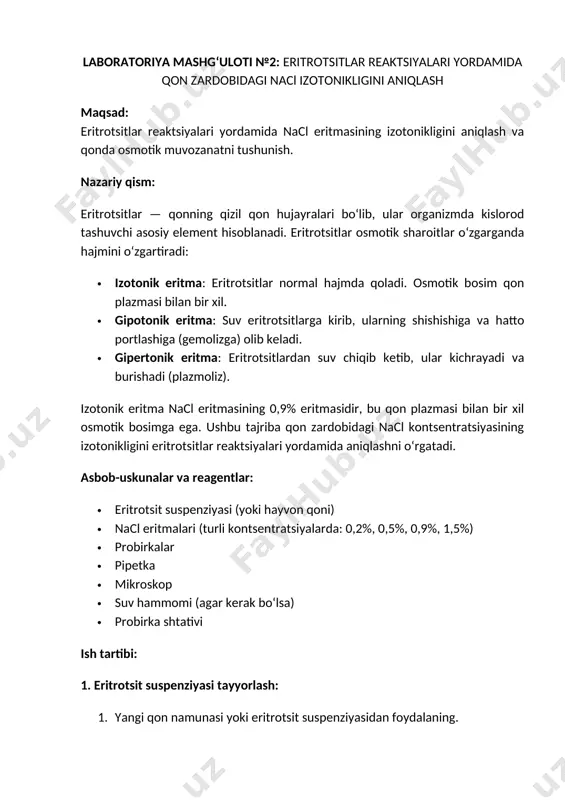 ) · ammiak (nh₃) · ammoniy xlorid (nh₄cl) · natriy gidroksid (naoh) · xlorid kislota (hcl) · asbob-uskunalar: · ph metr yoki universal indikator qog‘oz · probirkalar · pipetka · miksere (aralashtirgich) · moli va suyuqlik o‘lchov asboblari ish tartibi: 1. kislota buferini tayyorlash: 1. probirkaga 10 ml 0,1 mol/l sirka kislotasi (ch₃cooh) eritmasidan quying. 2. boshqa probirkaga 10 ml 0,1 mol/l natriy atsetat (ch₃coona) eritmasidan quying. 3. har ikki eritmani aralashtiring va ph qiymatini o‘lchang. bu bufer eritmasining dastlabki ph qiymati bo‘ladi. 2. asos buferini tayyorlash: 1. probirkaga 10 ml 0,1 mol/l ammiak (nh₃) eritmasidan quying. 2. boshqa probirkaga 10 ml 0,1 mol/l ammoniy xlorid (nh₄cl) eritmasidan quying. 3. har ikki eritmani aralashtiring va ph qiymatini o‘lchang. 3. bufer eritmalarining ta’sirini tekshirish: 1. kislota qo‘shish: · kislota bufer eritmasiga 1-2 tomchi 0,1 mol/l hcl eritmasini qo‘shing. · eritmani aralashtiring va ph qiymatini o‘lchang. bufer ta’sirini kuzating, ya’ni ph qiymatining …