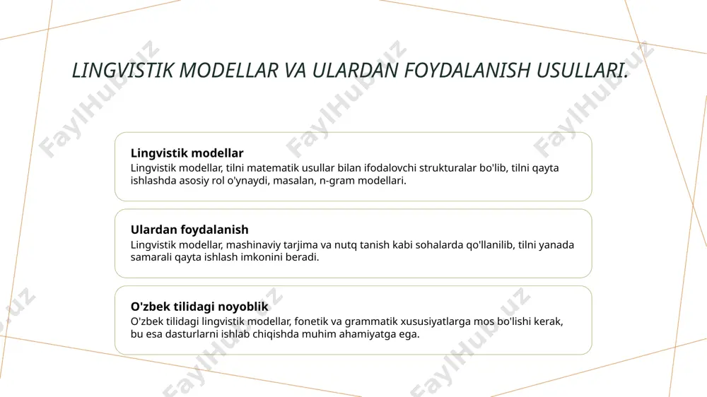 tilida bu texnologiyalar rivojlanmoqda. o'zbek tilida kompyuter lingvistikasining o'rni va ahamiyati. 01 o'zbek tilining ahamiyati o'zbek tili, markaziy osiyodagi asosiy tillardan biri bo'lib, milliy madaniyat va identitetni ifodalovchi muhim vositadir. 02 tadqiqot va rivojlanish kompyuter lingvistikasida o'zbek tilining tadqiqoti, tilni innovatsion texnologiyalar yordamida rivojlantirishga xizmat qiladi. bu, tilni qo'llash imkoniyatlarini kengaytiradi. 03 o'zbek tilida nlp o'zbek tilida tabiiy tilni qayta ishlash (nlp) texnologiyalari, matnni tahlil qilish va nutq tanish kabi sohalarda muhim natijalar beradi, bu esa jamoatchilik uchun foydali. o'zbek tilida tilni qayta ishlash texnologiyalari: asosiy qo'llanmalar. 1 ovozli tilni tanish o'zbek tilida ovozli tilni tanish texnologiyalari, foydalanuvchilarga qulaylik yaratish uchun avtomatik nutqni tanish imkonini beradi, misol uchun, mobil ilovalarda. 2 matnni tahlil qilish o'zbek tilidagi matnni tahlil qilish usullari, matnning grammatik tuzilishini va semantik mazmunini aniqlashga yordam beradi, bu esa tilni yanada samarali qayta ishlash imkonini beradi. 3 mashinaviy tarjima o'zbek tilida mashinaviy tarjima texnologiyalari, til o'ziga xosliklari va …