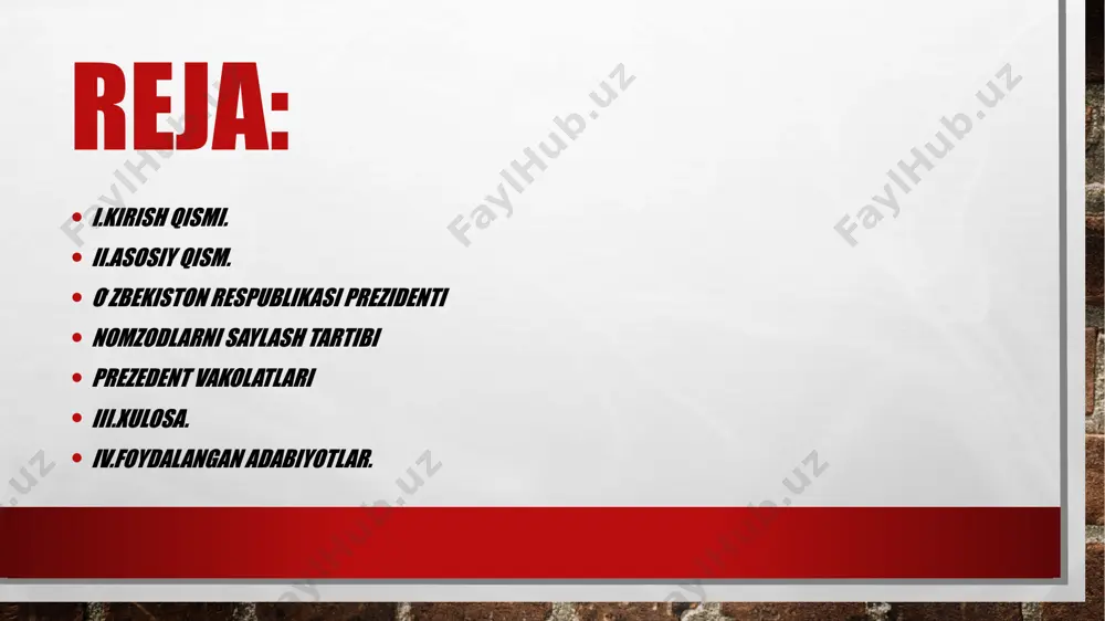 o‘zbekiston konstitutsiyasi va «o‘zbekiston respublikasi prezidenti saylovi to‘g‘risidagi»gi qonunga muvofiq, muqobillik va sog‘lom raqobat asosida prezidentlik saylovi o‘tkazildi. unda 88,61 % ovoz bilan bosh vazir shavkat mirziyoyev prezident etibsaylandi. mehnat faoliyatini 1960-yilda toshkent qishloq xoʻjaligi mashinasozligi („tashselmash“) zavodida master yordamchiligidan boshladi. soʻng mazkur korxonada master, texnolog. 1961-yildan 1966-yilgacha v. p. chkalov nomidagi toshkent aviatsiya ishlab chiqarish birlashmasida muhandis, yetakchi muhandis-konstruktor boʻlib ishladi. 1966-yilda oʻzbekiston davlat plan komitetiga ishga oʻtib, bosh mutaxassislikdan respublika davlat plan komiteti raisining birinchi oʻrinbosarigacha boʻlgan yoʻlni bosib oʻtdi. 1983-yildan oʻzbekiston ssr moliya vaziri, 1986-yildan oʻzbekiston ssr ministrlar soveti raisining oʻrinbosari — respublika davlat plan komitetining raisi. 1986—1989-yillarda oʻzbekiston kp qashqadaryo viloyat komitetining birinchi kotibi, 1989-yil iyunidan oʻzbekiston kp mk birinchi kotibi. 1990-yil 24-martda oʻzbekiston ssr oliy kengashining sessiyasida islom karimov oʻzbekiston ssr prezidenti etib saylandi. iii.xulosa. siyosiy faoliyati 1991-yil 31-avgustda karimov tarixiy voqea — oʻzbekiston respublikasining davlat mustaqilligini eʼlon qildi. 1991-yil 29-dekabrda muqobillik asosida oʻtkazilgan umumxalq …