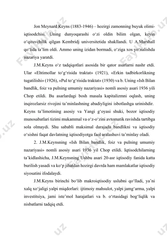 labning kamligi bahoning pasayishini va taklifning qisqarishini keltirib chiqaradi, bu esa ish joylarining kamayishiga olib keladi. keyns asarning boshidayoq klassik maktab ta’limotiga qarshi ekanligini bayon etdi. j.m.keyns fikriga ko‘ra, inqiroz paytida davlat yalpi talabni pul-kredit va byudjet siyosati vositasi yordamida tartiblab turishi kerak. u, eng avvalo, xususiy investitsiyalarni rag‘batlantirishga asosiy e’tiborni qaratdi. yalpi talabni rag‘batlantiruvchi vositalardan biri kambag‘allar, ya’ni jamg‘armaydiganlar uchun soliqlarni kamaytirish, boylar uchun esa soliq stavkasini oshirish (bu jamg‘armani kamaytiradi) taklif qilindi. j.m.keyns insonning psixologik moyilligini o‘rganib, uni daromad o‘zgarishi bilan bog‘laydi. iste’mol o‘zgarishi bilan daromad o‘zgarishi o‘rtasidagi nisbatni iste’molga bo‘lgan me’yorli moyillik, deb ataydi va uni qo‘yidagi formula bilan ifodalaydi: mrs = delta s / delta y agar daromad o‘zgarsa, iste’mol ham shu yo‘nalishda o‘zgaradi, lekin iste’mol o‘zgarishi daromad o‘zgarishi darajasidan past bo‘ladi. iste’mol va umumiy daromad o‘rtasidagi nisbatni u iste’molga bo‘lgan o‘rtacha moyillik deb atadi: ars = s / y shu bilan birga j.m.keyns o‘z nazariyasida …