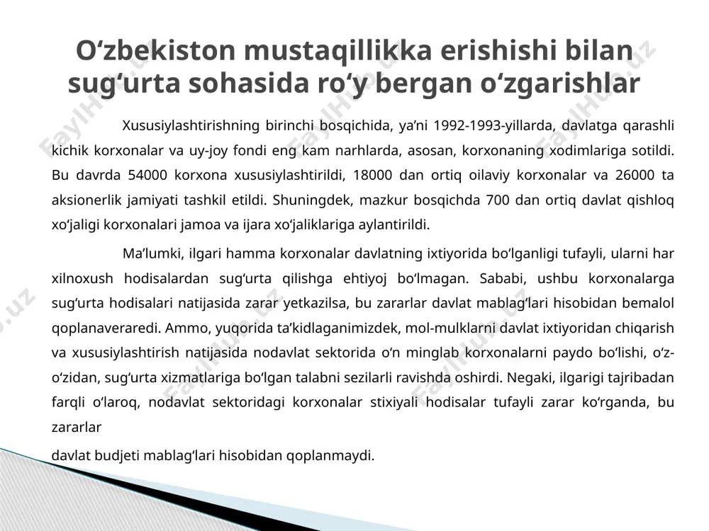 nun yurtimizda ijtimoiy, siyosiy, iqtisodiy, madaniy-ma’naviy sohalarda o‘tkazilayotgan islohotlarni yanada chuqurlashtirish, mamlakatimizda olib borilayotgan erkinlashtirishni ta’minlashga xizmat qilmoqda. bu qonunning qabul qilinishi sug‘urta munosabatlarida ishtirok etuvchi tomonlarning huquq va manfaatlarini himoyalashga muhim hissa bo‘lib qo‘shildi. bugun yurtimizda xizmat ko‘rsatish tarmog‘i jadal suratlar bilan rivojlanayotgan bo‘lib, bunga sug‘urta kompaniyalarining faoliyat doirasi ham tobora kengayib borayotgani yorqin misol bo‘la oladi. hozirda mazkur bozorda yangi sug‘urta ishtirokchilarining yuzaga kelayotgani mavjud sug‘urta turlarini yanada ko‘paytirish hamda shu orqali keng toifadagi yuridik va jismoniy shaxslarni sifatli sug‘urta xizmatlari bilan ta’minlash imkonini bermoqda. mamlakatimiz birinchi prezidentining 2007-yil 10 apreldagi pq-618-sonli «sug‘urta bozorini isloh qilish va yanada rivojlantirish chora-tadbirlari to‘g‘risida»gi qarori muhim omil bo‘ldi. umuman aytganda, bugungi kunda mamlakatimizda sug‘urta xizmatlari bozorini xalqaro talablar darajasiga olib chiqish, jismoniy va yuridik shaxslarning sug‘urta bozorida faol ishtirok etishini rag‘batlantirish maqsadida sug‘urta kompaniyalari uchun har tomonlama shart-sharoitlar yaratilmoqda. bu esa, bozordagi sog‘lom raqobat muhitini ham shakllanishiga olib kelmoqda. mamlakatimiz sug‘urta …