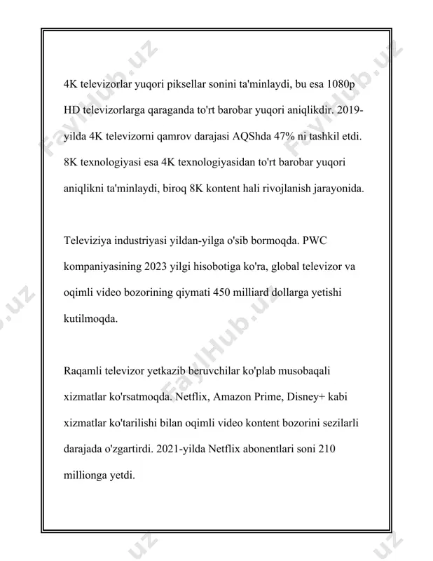 b, davlat tomonidan nazorat qilinadi. mtrk tarkibida 12 ta telekanal mavjud bo'lib, ulardan asosiylari "o'zbekiston", "yoshlar", "madaniyat va ma'rifat" kanallaridir. 2021 yilda olib borilgan tadqiqotlarga ko'ra, o'zbekistonda aholi o'rtacha kuniga 2,5 soat televizor ko'radi. bu esa xalqning bugungi kundagi dolzarb masalalarga nisbatan ma'lumot olishidagi muhim omil hisoblanadi. televizor ko'rishning bu raqami televideniyening mahalliy va milliy madaniyatni shakllantirish va tarqatishdagi rolini ko'rsatadi. televizorda beriladigan dasturlar milliy qadriyatlarni saqlab qolishda ham muhim rol o'ynaydi. "madaniyat va ma'rifat" kanali o'zbekistondagi tarixiy, madaniy va turli xil ertaklar, xalq ashulalari va qo'shiqlari, yoshlarga mo'ljallangan ta'lim beruvchi dasturlarni ommalashtirish orqali milliy madaniyatni rivojlantirishga xizmat qiladi. ma'lumotlarga ko'ra, ushbu kanal tomonidan tayyorlangan dasturlar yiliga mingdan ortiq efir vaqtini egallaydi. bundan tashqari, o'zbekistonda raqamli televideniyenining rivojlanishi so'nggi yilarda sezilarli darajada oshdi. 2022 yil ma'lumotlariga ko'ra, mamlakat aholisining 90 foizi raqamli televideniyega kirish imkoniyatiga ega bo'lgan. bu esa, o'z navbatida, turli madaniy va ta'limiy tadbirlarda ishtirok etish, milliy san'at …