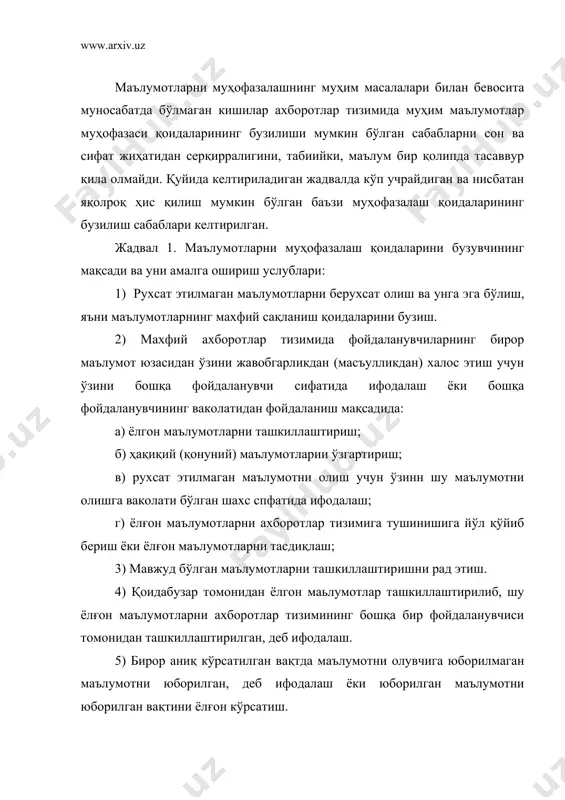 лган маълумотни юборилган вақтини ёлғон кўрсатиш. 6) ҳақиқатан ҳам, олинган маълумотларни олинганлигини рад этиш ёки маълумотларнинг ҳақиқий олинган вақтини сохталаштириш. 7) ахборотлар тизимидан фойдаланувчиларнинг ўзларига берилган ваколатларини - маълумотларни ташкиллаштириш, узатиш, тарқатиш ва бошқа йўналишларда рухсат этилмаган ҳолда кенгайтириш. 8) рухсат этилмаган ҳолда фойдаланувчиларнинг ваколатларини ўзгартириш. 9) махфий бўлган маълумотни махфий бўлмаган маълумотлар каби ифодалаш. 10) алоқа тизими фойдаланувчиларининг ўзаро алоқа шахобчаларига рухсат этилмагаи ҳолда боғланиб олиб, шу шахобчадан олинган маълумотларни бошқа алоқа тизимларига доимий равишда тарқатиб туриш. 11) алоқа каналидаги маълумотлар оқимини таҳлил қилиб, маълумотлар жамғармасининг тузилиш тартибига қараб, программалаш таъминоти ва бошқа хосликларга кўра, фойдаланувчилардан ким қандай маълутмотларни қачон олиш ваколатига эгалигини ўрганиш. 12) протокол (маълум тартиб ҳамда қоида) бўйича ҳар қандай холда ҳам махфий қолиши керак бўлган маълумотни махфийлигига путур етказган ҳолда ушбу протокол маълумотларнинг софлигини таъминлашига шубҳа билан қараш. 13) бирор яққол сезилмайдиган йўл (процедура) билан маълумотларни муҳофазалаш алгоритми дастурига ўзгартириш киритиш. 14) ёлғон маълумотлар асосида …