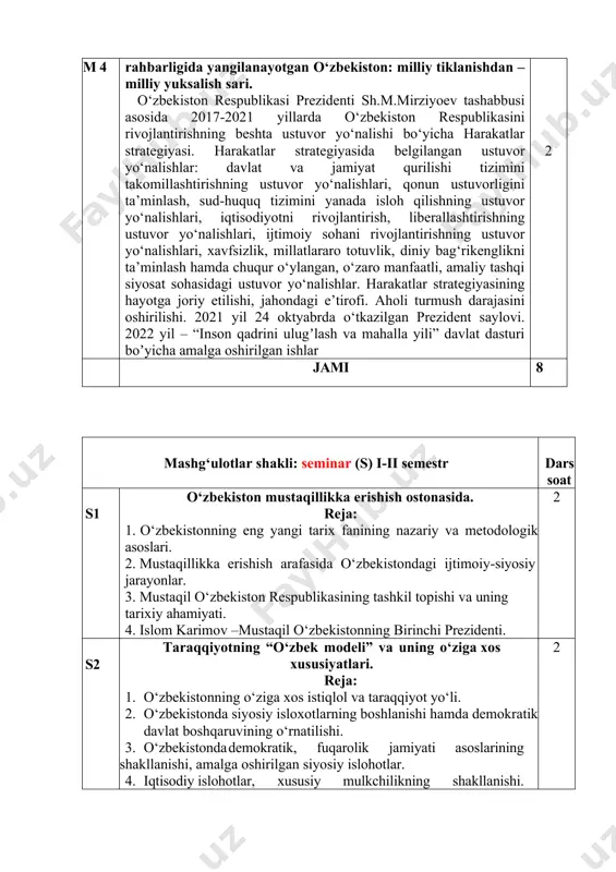 yaratishga qaratilgan tizimli ishlar. “yoshlarga oid davlat siyosati to‘g‘risida”gi o‘zbekiston respublikasi qonuni. aholi o‘rtasida jamoatchilik nazoratining oshib borishi. yangilanayotgan o‘zbekiston sharoitida huquqiy masalalar, demokratik jarayonlar. saylov jarayonlaridagi tub islohotlarning mazmun-mohiyati. 2 m 4 o‘zbekiston respublikasi prezidenti shavkat mirziyoyev rahbarligida yangilanayotgan o‘zbekiston: milliy tiklanishdan – milliy yuksalish sari. o‘zbekiston respublikasi prezidenti sh.m.mirziyoev tashabbusi asosida 2017-2021 yillarda o‘zbekiston respublikasini rivojlantirishning beshta ustuvor yo‘nalishi bo‘yicha harakatlar strategiyasi. harakatlar strategiyasida belgilangan ustuvor yo‘nalishlar: davlat va jamiyat qurilishi tizimini takomillashtirishning ustuvor yo‘nalishlari, qonun ustuvorligini ta’minlash, sud-huquq tizimini yanada isloh qilishning ustuvor yo‘nalishlari, iqtisodiyotni rivojlantirish, liberallashtirishning ustuvor yo‘nalishlari, ijtimoiy sohani rivojlantirishning ustuvor yo‘nalishlari, xavfsizlik, millatlararo totuvlik, diniy bag‘rikenglikni ta’minlash hamda chuqur o‘ylangan, o‘zaro manfaatli, amaliy tashqi siyosat sohasidagi ustuvor yo‘nalishlar. harakatlar strategiyasining hayotga joriy etilishi, jahondagi e’tirofi. aholi turmush darajasini oshirilishi. 2021 yil 24 oktyabrda o‘tkazilgan prezident saylovi. 2022 yil – “inson qadrini ulugʼlash va mahalla yili” davlat dasturi boʼyicha amalga oshirilgan ishlar 2 jami 8 …