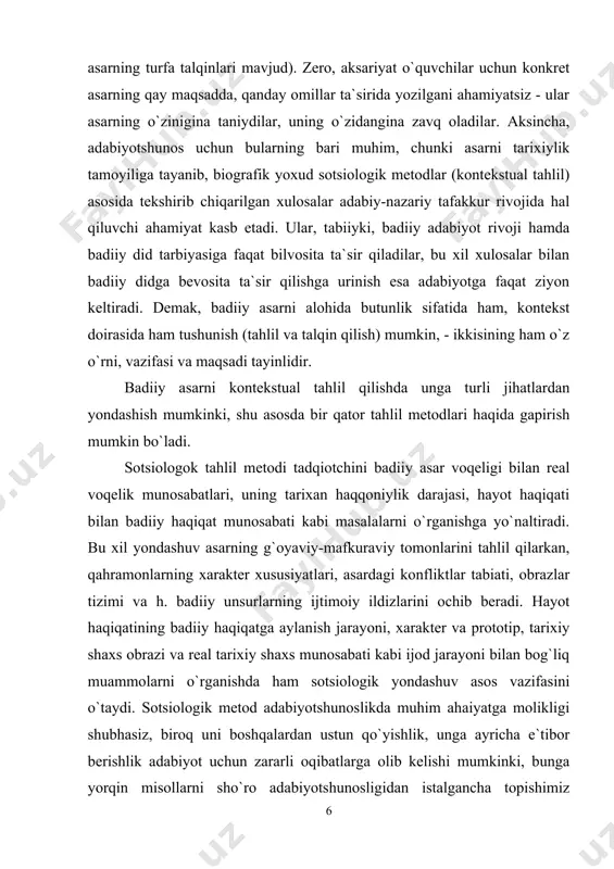 atlari, asardagi konfliktlar tabiati, obrazlar tizimi va h. badiiy unsurlarning ijtimoiy ildizlarini ochib beradi. hayot haqiqatining badiiy haqiqatga aylanish jarayoni, xarakter va prototip, tarixiy shaxs obrazi va real tarixiy shaxs munosabati kabi ijod jarayoni bilan bog`liq muammolarni o`rganishda ham sotsiologik yondashuv asos vazifasini o`taydi. sotsiologik metod adabiyotshunoslikda muhim ahaiyatga molikligi shubhasiz, biroq uni boshqalardan ustun qo`yishlik, unga ayricha e`tibor berishlik adabiyot uchun zararli oqibatlarga olib kelishi mumkinki, bunga yorqin misollarni sho`ro adabiyotshunosligidan istalgancha topishimiz mumkin bo`ladi. masalan, sho`ro adabiyotshunosligidagi vulgar sotsiologizm ko`rinishlari ayni shu metodning mavqeini mutlaqlashtirilishining natijasi edi. badiiy asar tahlilida shu metodgagina tayangan va shuning asosidagina baholagan tanqidiy maqolalar keyincha ularning mualliflarini qatag`on qilish uchun dastakka aylandigina emas, o`quvchi ommani o`sha ijodkorlarni "xalq dushmani", asarlarini "zararli" deb tushunishga tayyorladi. tarixiy-madaniy tahlil metodi badiiy asarni milliy madaniy an`analar, shuningdek, davr adabiy-madaniy kontekstida o`rganishga qaratilgandir. ma`lumki, badiiy asar madaniy-adabiy an`analar zaminida dunyoga keladi, uning qator badiiy xususiyatlari shu kontekstdagina yorqin …