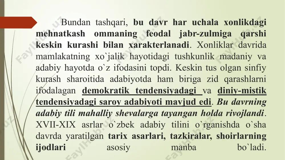 n, markaziy osiyo xonliklari, jumladan, xiva xonligining muallif yashagan davrgacha boʻlgan tarixini oʻz ichiga olgan. “shajarayi turk” abulgʻoziy bahodirxonning oʻlimi tufayli nihoyasiga yetkazilmay qolgan boʻlsa-da, uning oʻgʻli anusha muhammadxon (1663-87) topshirigʻiga muvofiq, urganchlik tarixchi maxmud ibn mulla muhammad zamon urganjiy tomonidan baʼzi maʼlumotlar bilan toʻldirilgan. “shajarayi turk” asarining yozilish sababi muallif tomonidan quyidagicha izohlangan: “ammo bizning ota-aqalarimizning beparvoliqi va xorazm xalqining bevuqufliqi, bu ikki sababdin, bizning jamoatimizning abdullaxonning (abdullaxon ii) otalari birlan bizning otalarimizning ayrilgan yeridin to bizga kelguncha tarixlarini bitmay erdilar. bu tarixni bir kishiga taklif qilali teb fikr qilduk, hech munosib kishi topmaduk, zarur boʻldi (va), ul sababdin oʻzimiz aytduk“. asarning 7, 8 va 9-boblari (1644 yilgacha kechgan voqealar) abulgʻozixon tomonidan yozilgan. 1-, 6-bob va 9-bobning davomi (1644-64) mulla muhammad zamon urganjiy tarafidan bitilgan bu asar yozib tugallanmagan. «shajarai turk»dagi voqealarni «shajarai tarokima»dagi kabi uch qismga bo`lish mumkin: 1. diniy xarakterdagi - odam ato haqidagi afsonalar. 2. o`g`uz-turkmanlarning …