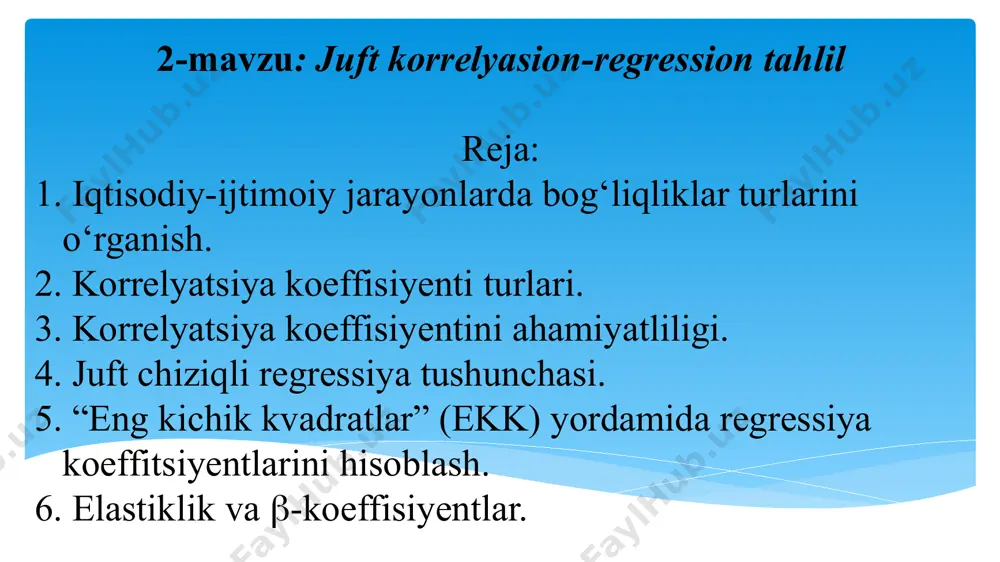 sh mumkin xolos. ikki hodisa yoki omil va natijaviy belgilar orasidagi bog‘lanish juft korrelyatsiya deb ataladi. образец текста второй уровень третий уровень четвертый уровень пятый уровень ikkita omil (natijaviy va omillar yoki ikkita omil) o‘rtasidagi bog‘liqlik boshqa omillarning qat’iy belgilangan qiymatida natijali omil bilan bitta omil yoki ikkita omil o‘rtasidagi bog‘liqlik natijaviy omil va tadqiqotga kiritilgan ikkita yoki undan ko‘p omillar o‘rtasidagi bog‘liqlik korrelyatsiya - bu tasodifiy kattaliklar o‘rtasidagi unda tasodifiy kattaliklardan birining o‘zgarishiga boshqasining matematik kutishi o‘zgarishiga olib keluvchi statistik bog‘liqlik. juft korrelyatsiya xususiy korrelyatsiya ko‘plik korrelyatsiya korrelyatsiya koeffitsentlari qiymatini topish xi va yi omillari yakka tartibdagi qiymatlarining ularning va o‘rtacha qiymatlaridan og‘ishlari ko‘paytmasining yig‘indisiga asoslangan ushbu kattalik n kuzatuvlar soniga bo‘linadi va chiqqan natija kovariatsiya deb nomlanadi. korrelyatsion tahlil korrelyatsiya koeffisientlarini aniqlash va ularning muhimligini, ishonchliligini baholashga asoslanadi. bog‘lanish zichligi baholashda korrelyatsiya koeffisientidan foydalanish mumkin: bu erda, va mos ravishda x va y o'zgaruvchilarning o'rtacha kvadratik chetlanishidir va …