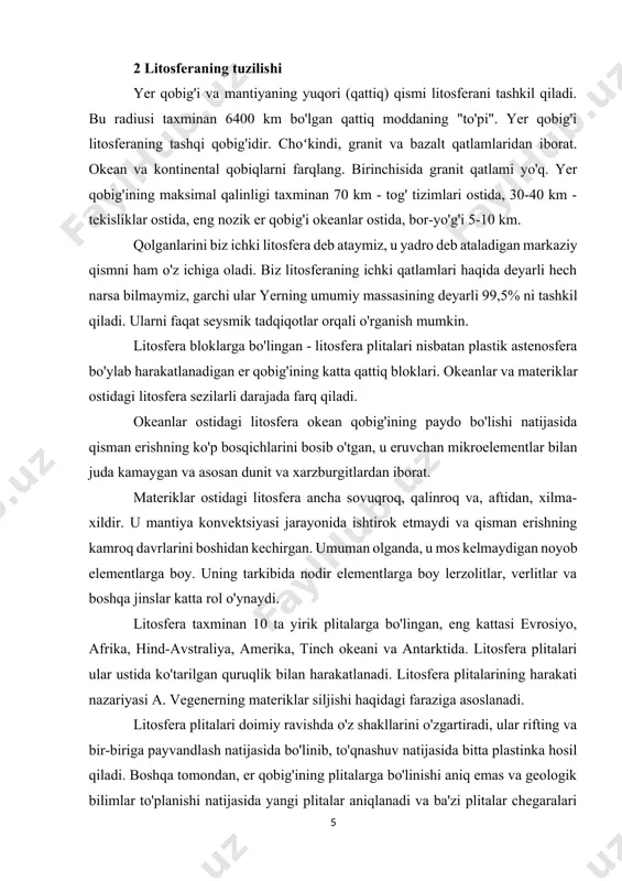 stinkada kontinental qobiq (gimoloy) bo'lsa, tog 'tizimlari va agar plitalardan birida okean qobig'i (peru xandaqi) bo'lsa, chuqur dengiz xandaqlari hosil bo'ladi. bu nazariya qadimgi qit'alarning mavjudligi haqidagi farazga mos keladi: janubiy - gondvana va shimoliy - lavraziya. litosfera plitalarining chegaralari tog' shakllanishi sodir bo'lgan, zilzilalar va eng faol vulqonlar (seysmik kamarlar) jamlangan harakatlanuvchi hududlardir. eng keng tarqalgan seysmik kamarlar tinch okeani va o'rta er dengizi - trans-osiyodir. materiklar ostida 120-150 km, okeanlar ostida 60-400 km chuqurlikda astenosfera deb ataladigan mantiya qatlami mavjud. barcha litosfera plitalari yarim suyuq astenosferada, xuddi suvdagi muz qatlamlari kabi suzadi. 3 litosferaning xossalari ahamiyatlisi, har doim ham darhol sezilmasa ham, tuproqning litosfera funktsiyalarining buzilishi edi, bunda tuproq qoplami litosferaga nisbatan o'ziga xos himoya qobig'i bo'lib, litosferaning yuqori gorizontlari tarkibini va ularning ishlashini nazorat qiladi. litosfera bir qator fundamental xossalarga ega boʻlib, uni oʻrganish va geologik jarayonni, shuningdek, litosferaning evolyutsiya jarayonini tahlil qilishda hisobga olinishi kerak. litosferaning …
