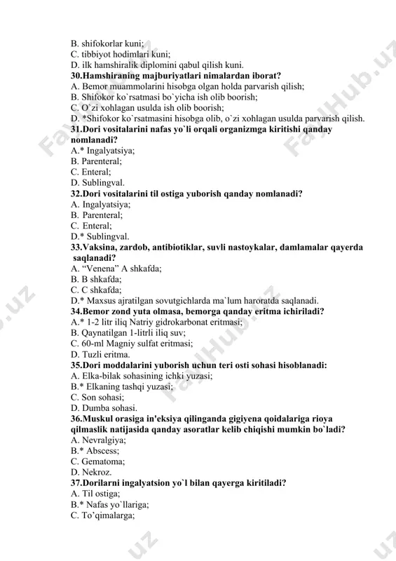 siya; b. parenteral; c. enteral; d.* sublingval. 33.vaksina, zardob, antibiotiklar, suvli nastoykalar, damlamalar qayerda saqlanadi? a. “venena” a shkafda; b. b shkafda; c. c shkafda; d.* maxsus ajratilgan sovutgichlarda ma`lum haroratda saqlanadi. 34.bemor zond yuta olmasa, bemorga qanday eritma ichiriladi? a.* 1-2 litr iliq natriy gidrokarbonat eritmasi; b. qaynatilgan 1-litrli iliq suv; c. 60-ml magniy sulfat eritmasi; d. tuzli eritma. 35.dori moddalarini yuborish uchun teri osti sohasi hisoblanadi: a. еlka-bilak sohasining ichki yuzasi; b.* еlkaning tashqi yuzasi; c. son sohasi; d. dumba sohasi. 36.muskul orasiga in'eksiya qilinganda gigiyena qoidalariga rioya qilmaslik natijasida qanday asoratlar kelib chiqishi mumkin bo`ladi? a. nevralgiya; b.* abscess; c. gematoma; d. nekroz. 37.dorilarni ingalyatsion yo`l bilan qayerga kiritiladi? a. til ostiga; b.* nafas yo`llariga; c. to’qimalarga; d. teri qatlamlariga. 38.dori moddalarini enteral yo'l bilan yuborish: a.* to'g`ri ichak orqali; b. to’qimalarga; c. burunga; d. oldingi qorin bo’shlig`i devoriga. 39.bitsillin dori moddasi qaysi yo'l bilan yuboriladi? a. …