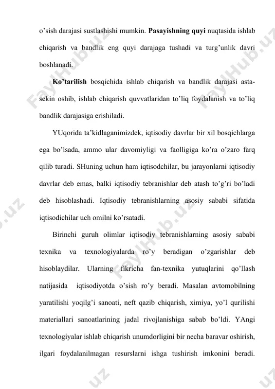 alpi xarajatlar miqdori qanchalik ko’p bo’lsa, ishlab chiqarishning o’sishi katta foyda olib keladi. shuning uchun ishlab chiqarish, bandlilik va daromadlar darajasi ortib boradi. iqtisodiy tebranishlar sabablarini, ularga ta’sir etuvchi omillarni o’rganish, iqtisodiy tebranishlar amplitudasini qisqartirish barcha hukumatlar makroiqtisodiy siyosatining muhim maqsadlaridan biridir. 2. ishsizlik tushunchasi va ishsizlik darajasining o’lchanishi. iqtisodiyotning beqaror rivojlanishi oqibatida, iqtisodiy pasayish davrida ishlab chiqarish resurslari to’liq foydalanilmay qoladi. yaimni yaratishda qatnashadigan iqtisodiy resurslarning eng asosiylaridan biri bo’lgan mehnat resurslaridan to’liq foydalanilmaslik ishsizlikda namoyon bo’ladi. makroiqisodiy tahlilda mehnat resurslari emas balki ishchi kuchi kategoriyasidan ko’proq foydalaniladi. ishchi kuchi yoki iqtisodiy faol aholi deganda mehnatga layoqatli yoshdagi ishlayotgan va ishsiz yurgan aholining umumiy soni tushuniladi. mehnat bozorida boshqa resurslar bozori singari talab va taklif qonuni amal qiladi. ishchi kuchining bahosi hisoblangan real ish haqi hajmi oshsa ishchi kuchiga bo’lgan talab qisqaradi, agar real ish haqi hajmi kamaysa ishchi kuchiga bo’lgan talab ortadi, ishchi kuchi taklifi esa kamayadi. ishchi …