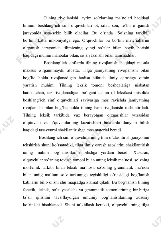 e`tibor berish talab etiladi. tafakkur keng ma`noda hodisalarni boshqa hodisalar va jarayonlarga bog’liqligini. hisobga olib, ularni har tomonlama mavjud belgilari yig’indisi bilan rivojlanishda qurish ko’nikmasini ta`riflaydi. tafakkurning bunday sifati o’quvchilarda asta-sekin shakllana boradi va, o’z navbatida, ular kuzatish jarayonida dalillarni topish, ularni tahlil qilish va o’rganiladigan hodisalarning ayrim tomonlari o’zaro bog’liqligini aniqlash, taqqoslash va umumlashtirish ko’nikmasini egallab boradilar. keyingi yillarda o’quvchilarning o’quv faoliyati tobora izlanish xarakterini olib bormoqda. tilni o’rganishda boshlang’ich sinf o’quvchilari uchun ayrim qoida va aniqliklarni yodlab olish emas, balki atrofdagi hayotni kuzatish asosida o’quvchilarning o’zlari “topgan” yoki adabiy manbalardan tayyor olingan til materialini maqsadga muvofiq analiz va sintez qilish etakchi hisoblanadi. o’rganiladigan grammatik, so’z yasalishiga oid, leksik tushunchalarning mavjud belgilarini aniqlash jarayonida faol qatnashish, bilib olingan dalillarni o’xshash yoki farqli tomondan qiyoslash, shuningdek, o’rganilgan nazariy bilimlarni har xil nutqiy faoliyatga ijodiy tatbiq etish — bularning barchasi o’quvchilarda mustaqil fikrlash ko’nikmasini o’stirish uchun zamin, shart-sharoit yaratadi. bunda muhim …