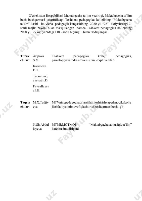 dual yondoshishni; · ish beruvchining taklif va talablari asosida fanning o`qitilishini inobatga olishni; · kasbiy ko’nikmalarni egallash va pedagogik amaliyotda qo’llashni; · o’zlashtirilgan bilimlarni amaliyotda qo’llash, mustaqil ijodiy fikrlashga o’rgatishni. · mashg’ulotlardan tashqari vaqtlarda bolalar faoliyatini tashkil etishni o’rganadi. bilimlar · “ilk qadam” o’quv dasturi bo’yicha rivojlanish markazlarida mavzuviy loyihalash mazmunini; · “ilk qadam” o’quv dasturi xaftalari bo’yicha qurish yasash va matеmatika markazida bolalar faoliyatini tashkil etishni; · qurilish, konstruktsiyalash va matеmatika markazi uchun mavzu bo’yicha didaktik materiallar tanlashvatayyorlashni; · syujеtli-rollio’yinlarvadramalashtirishmarkazidao’yinlita’limfaoliyatinitashkiletishni; · turli mavzudagi syujеtli-rolli o’yinlarni turli yosh guruhlari uchun rеjalashtirish va tuzishni; · til va nutq markazida haftalik mavzular bo’yicha rivojlanish markazlarida ishlar mazmunini va tashkil etishni · nutqini rivojlantiruvchi ta’limiy o’yinlarni turli yosh guruhlarida rеjalashtirishni; · ilm-fan va tabiat markazida o’yinli ta’lim faoliyatini tashkil etishni · ilm-fan va tabiat markazi uchun mazuli o’yinlar, ekspеrimеntlar-amaliy tajribalar o’tkazishni; · katta va tayyorlov guruhlarda tadqiqiy bilish va samarali rеflеksiv faoliyatni tashkil …