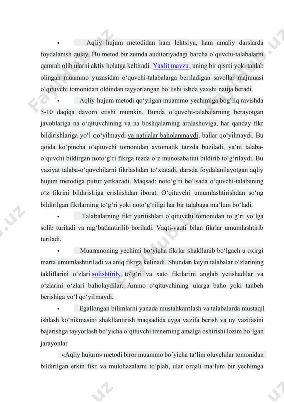 balarda mustaqil ishlash ko‘nikmasini shakllantirish maqsadida uyga vazifa berish va uy vazifasini bajarishga tayyorlash bo‘yicha o‘qituvchi trenerning amalga oshirishi lozim bo‘lgan jarayonlar «aqliy hujum» metodi biror muammo bo´yicha ta‘lim oluvchilar tomonidan bildirilgan erkin fikr va mulohazalarni to´plab, ular orqali ma‘lum bir yechimga kelinadigan metoddir. «aqliy hujum» metodining yozma va og‘zaki shakllari mavjud. og´zaki shaklida ta‘lim beruvchi tomonidan berilgan savolga ta‘lim oluvchilarning har biri o‘z fikrini og‘zaki bildiradi. ta‘lim oluvchilar o‘z javoblarini aniq va qisqa tarzda bayon etadilar. yozma shaklida esa berilgan savolga ta‘lim oluvchilar o‘z javoblarini qog‘oz kartochkalarga qisqa va barchaga ko´rinarli tarzda yozadilar. javoblar doskada ( magnitlar yordamida) «pinbord» doskasida (ignalar yordamida) mahkamlanadi. «aqliy hujum» metodining yozma shaklida javoblarni ma‘lum belgilar bo´yicha guruhlab chiqish imkoniyati mavjuddir. ushbu metod to´g´ri va ijobiy qo´llanilganda shaxsni erkin, ijodiy va nostandart fikrlashga o´rgatadi. «aqliy hujum» metodi biror muammo bo´yicha ta‘lim oluvchilar tomonidan bildirilgan erkin fikr va mulohazalarni to´plab, ular orqali ma‘lum bir yechimga …