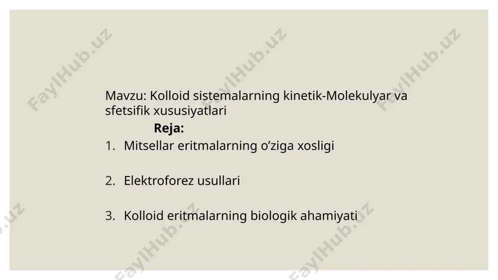 adagi sirt aktiv modda molekulalari o`z-o`zligidan agregatlana boshlaydi. molekulalarning uglevodorodli dumlari, van-dervaals kuchlari ta`siridan bir-birlariga yopishib, mitsella yadrosini shakllantiradi, molekulalarning qutbli dumlari esa suv fazaga yo`nalib gidratlanadi demak, har bir mitsella uglevodorod yadro va unga kimyoviy bog`langan qutbli guruhlardan tashkil topib, gidrat qobiq bilan o`ralgan uglevodorod tomchisidan iborat. mitsella hosil bo`lish jarayoni adsorbsiya singari mustaqil va o`z-o`zligicha amalga oshadigan jarayon bo`lib, sistemaning erkin energiyasini kamaytiradi. haqiqatdan ham, suv molekulalari bilan qutbli molekulalararo mavjud kogeziya kuchlari suv molekulalari bilan uglevodorod zanjirlariaro yuzaga keladigan ta`sirlanish kuchlariga qaraganda anchagina kuchlidir. shuning uchun ham sirt aktiv modda molekulasining ularga qutubliligi jihatdan yaqin fazaga o`tish bilan bog`liq bo`lgan har qanday jarayon energiya nuqtai nazaridan foydalidir. o`ta suyultirilgan eritmalarda, mitsella hosil bo`lguniga qadar, erkin energiya sarfini kamaytirish erigan modda ortiqcha qismining sirt yuzasida to`planishi va uglevodorod zanjirlarining suv fazadan qutbsiz fazaga siqib chiqarilishi hisobiga amalga oshiriladi. sirt bo`limida to`yingan adsorbsiya qatlamining paydo bo`lishi bilan bu bu …