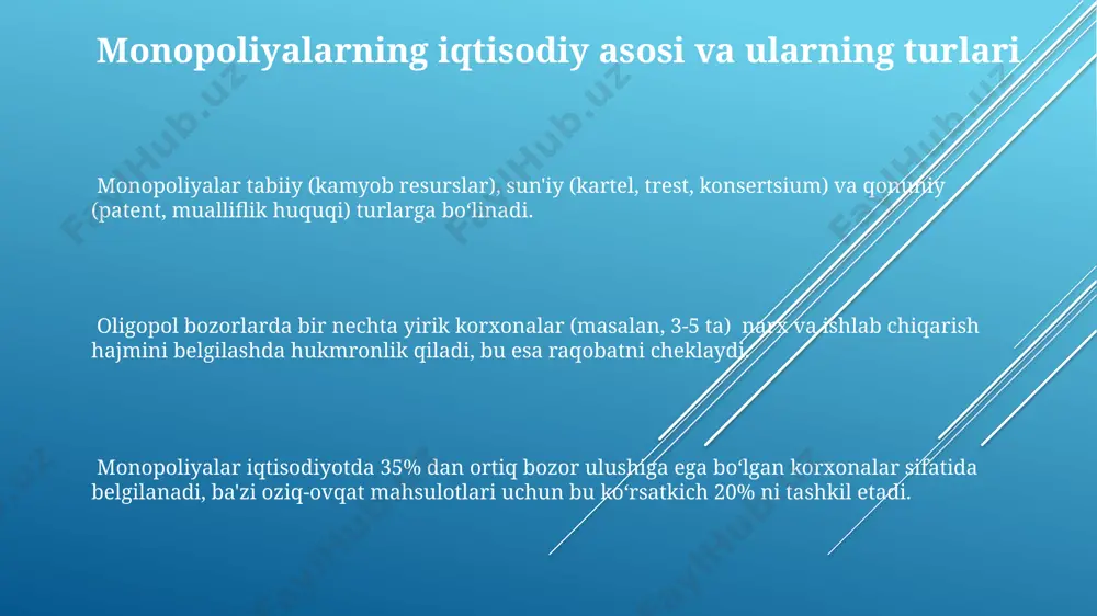 minlash, davlat yordamining adolatli taqsimlanishiga qaratilgan, 20 dan ortiq bo'lmagan korxona bo'lgan tarmoqlarda 25% dan ortiq bozor ulushiga ega korxonalar monopoliya sifatida aniqlanadi. o'zbekistonda raqobatni rivojlantirish va monopoliyaga qarshi kurash bo'yicha bir qator qonunlar va davlat organlari (masalan, raqobatni rivojlantirish va iste'molchilar manfaatini himoya qilish agentligi) faoliyat ko'rsatadi, bu esa 20 dan ortiq korxona mavjud bo'lgan tarmoqlarda monopolistik faoliyatni cheklashga qaratilgan. aqshda 1890 yilda qabul qilingan sherman qonuni va keyinchalik qabul qilingan qo'shimcha qonunlar (kleyton, robinson-patman) monopoliyaga qarshi kurashning muhim qonunchilik asosini tashkil etadi va 35% dan ortiq bozor ulushiga ega korxonalarni monopoliya sifatida belgilaydi. kirish raqobat bozor mexanizmining 1-tarkibiy qismi bo'lib, u tovarlar va xizmatlarning 3 ta asosiy omiliga – sifati, narxlari va innovatsiyalariga ta'sir ko'rsatadi. bozor iqtisodiyoti sharoitida 2 ta asosiy omil – raqobat va monopoliya muammolari iqtisodiy rivojlanishning 1-darajali omili hisoblanadi, ularning o'zaro ta'siri va natijalari chuqur tahlil qilinishini talab qiladi. monopoliyalar resurslarning noto'g'ri taqsimlanishiga, iste'molchilar huquqlarining …