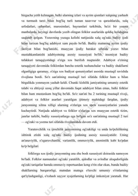 zan yangilarini ham yarata oladilar. biroq bunda barqarorlashgan va qat'iylashgan jamoaviylik an'analari yetakchilik qiladi. ayrim janrlar (mas, topishmoq, maqol kabi) ommaviy xarakterga ega bo'lsa, ya'ni ularning namunalaridan har bir kishi ozmi ko'pmi ayta olsa, boshqalarining ijrosi muayyan tayyorgarlikni talab qilgan. shu tariqa xalq og'zaki badiiy ijodi namunalarini yaratish va ijro etishda o'ziga xos kasbiy ijodkorlik yuzaga kelgan. folklor janrlari ijtimoiy iqtisodiy taraqqiyot bilan uzviy bog'liq. xalq hayotidagi tarixiy o'zgarishlarga ko'ra, ular ham o'zgara borgan. qay bir janrlar yoki namunalar butunlay yo'qolgan, yangilari yuzaga kelgan. shuning uchun ham ularda ko'p qatlamlilik mavjud bo'lib, uzoq ijro davomida bir necha davrlar o'z izini qoldirgan. janrlarning bosqichli taraqqiyoti va tarixiytipologik nuqtai nazardan qaraganda, eng qadimiy davrlarda ko'pchilik xalqlarda miflar, urug' va qabilalar haqidagi afsona va rivoyatlar, topishmoq va maqollar, olqish va qarg'ishlar, mavsum marosim folklori namunalari, mehnat qo'shiqlari keng tarqalgan. keyingi davrlarda esa, ertaklar, eposning arxaik shakllari yuzaga kelgan. xalq musiqasi ya'ni musiqiy folklor …