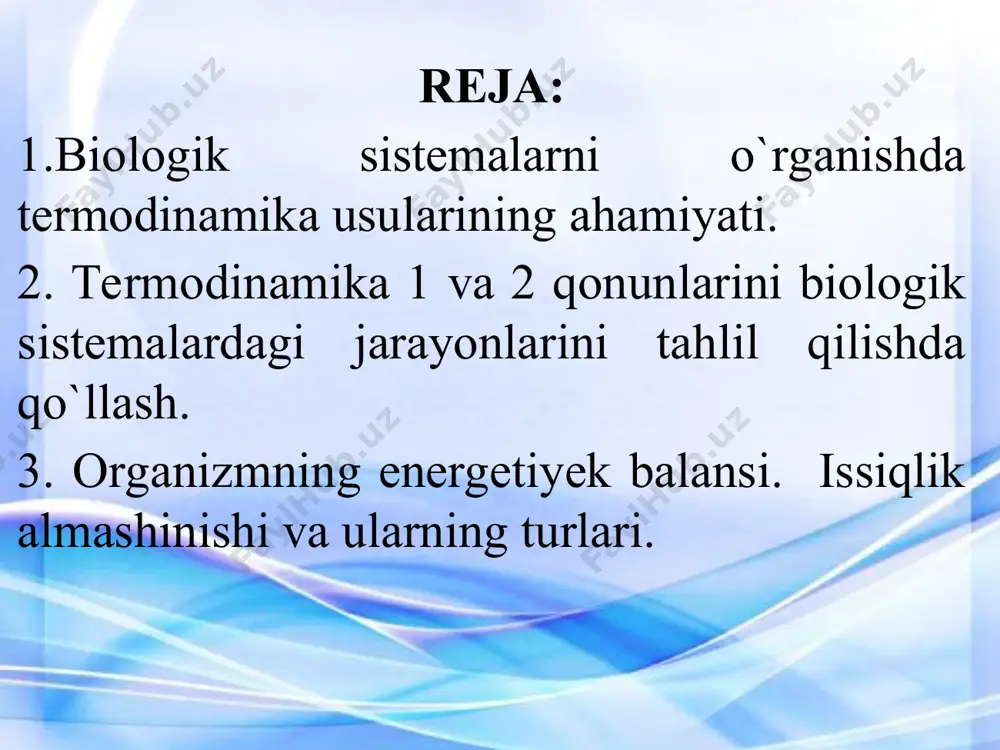 ’zgarishiga va tashqi kuchlarga nisbatan ish bajarilishiga sarf bo’ladi, ya’ni q = ∆u + a. (1) (1) formula dirferensiyal ko’rinishda quyidagicha yoziladi: dq = du + da (2). gazlar uchun elementar ish da = pdv bundagi p-bosim, dv-elementar hajm. to’la ish pdv ning integraliga tengdir, ya’ni sistemaning ichki energiyasi deganda, sistemani tashkil etgan zarrachalarning kinetik va potensial energiyalari yig‘indisi tushuniladi. ichki energiya sistema holatining fuknsiyasi bo‘lib, berilgan holat uchun ma’lum bir qiymatga ega bo‘ladi. δu sistemaning boshlang‘ich va oxirgi holatlariga mos bo‘lgan ichki energiya ayirmasi: δu=u2 – u1 issiqlik almashinishida uzatilgan energiya miqdorining o'lchovi issiqlik miqdori, ish bajarishda sarflangan energiyaning o'lchovi esa ishdir. izobarik jarayonda (p=const) sistemaga berilgan issiqlik miqdori sistemaning ichki energiyasini orttirishiga va sistema ustida tashqi kuchlarning ish bajarishga sarf bo’ladi, ya’ni: dq= du + pdv izoxorik jarayonda (v=const, dv=0 natijada da=0 bo’ladi, gaz tashqi kuchlarga qarshi ish bajarmaydi va sistemaga keltirilgan hamma issiqlik miqdori faqat uning ichki …