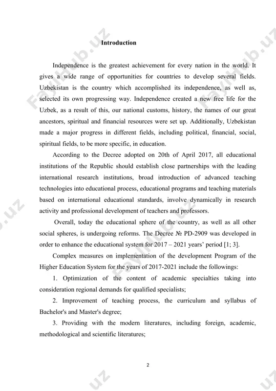 pecialists; 2. improvement of teaching process, the curriculum and syllabus of bachelor's and master's degree; 3. providing with the modern literatures, including foreign, academic, methodological and scientific literatures; 4. improvement of the process of continuous professional development and retraining of teachers and researchers, as well as in foreign educational establishments; 5. development of the efficiency, outcomes and quality of scientific research activities; 6. improvement of the content of spiritual enlightenment and educational issues; 7. strengthening the economic and technical resources of higher education institutions; 8. modernization of existing as well as creating modern teaching and scientific laboratories; 9. providing the teaching process with modern information and communication technologies. according to the program, during the years of 2017-2021 construction, reconstruction and major repairs of 180 educational and scientific laboratories, sports facilities and units of social engineering infrastructures belonging to 48 higher educational institutions will be carried out. at the same time, …