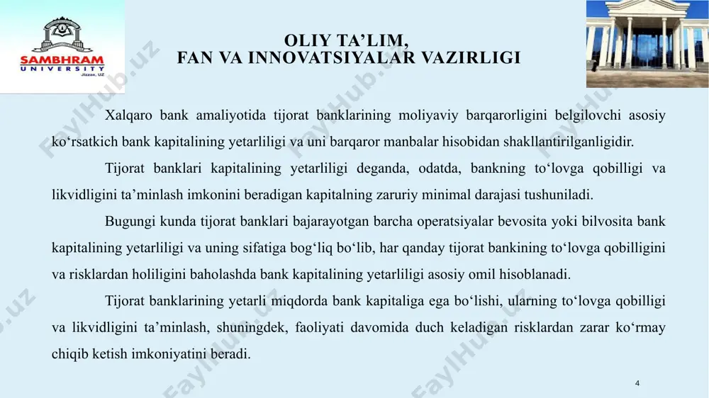 qilish xalqaro markazi (inhxm). jahon banki guruhining asosiy maqsadi rivojlanayotgan va iqtisodiyotiga o‘tish davrida bo‘lgan davlatlarga moliyaviy yordam ko‘rsatish hisoblanadi. ushbu guruh tarkibiga kiruvchi har bir institut o‘z resurslaridan mustaqil ravishda va o‘zlari belgilangan sharoitda mamlakatlarning iqtisodiy rivojlanish dasturlarini amalga oshirishga hissa qo‘shadigan investisiya loyihalarini moliyalashtirish bo‘yicha faoliyat olib boradi. 11 oliy ta’lim, fan va innovatsiyalar vazirligi xalqaro tiklanish va taraqqiyot banki (xttb) bretton-vud konferensiyasi qaroriga asosan 1944 yilda tashkil etilgan bank. global rivojlanish tashkiloti bo‘lib, jahon banki guruhining missiyasini qo‘llab-quvvatlaydigan, o‘rtacha daromadli va eng past darajadagi daromadli mamlakatlarga kreditlar, kafolatlar, xatarlarni boshqarish bo‘yicha mahsulotlar va maslahat xizmatlarini taqdim etuvchi eng yirik bank hisoblanadi. xalqaro rivojlanish assosiasiyasi (xra)ga 1956 yil asos solingan bo‘lib, dunyodagi eng qashshoq mamlakatlarga foizsiz kreditlar va grantlar taqdim etadi. yaimning qiymati aholi jon boshiga 835 aqsh dollardan oshmaydigan mamlakatlargina xra dan qarz olish huquqqa ega. xra 30-40 yillik muddatga va dastlabki o‘n yillik imtiyozli davr (belgilangan …