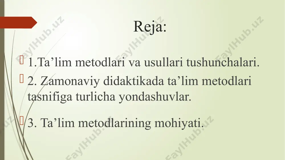 qaratilgan aniq harakatlar, amallar yoki usullar majmuasi sifatida joriy etiladi. metod boshqa shakllarda namoyon bo'lmaydi, buning boisi ta'lim metodi o'zida, umumiy holda faoliyatning didaktik modelini ifoda etadi». ta'lim metodlari ta'lim maqsadini yoritishga xizmat qiladi, u yordamida ta'lim mazmunini o'zlashtirish yo'llari ifoda etiladi, o'qituvchi va o'quvchilarning o'zaro harakati, xususiyati aks ettiriladi. metod, bir tomondan, ta'lim maqsadiga erishish vositasi sifatida namoyon bo'lsa, boshqa tomondan, boshqariluvchan o'qish faoliyatini amalga oshirish sharti hisoblanadi ta'lim metodlari doimo u yoki bu o'qish vositalari yordamida joriy etiladi, shu bois ularning o'zaro shartlanganligini ta'kidlash joiz. ta'lim metodi tuzilmasi chizmada quyidagicha namoyon bo'ladi (m.n.skatkin qarashlariga ko'ra): ta’lim maqsaqi o‘quv faoliyati o‘qituvchi faoliyati ta’lim metodi o‘quvchi faoliyati o‘quvchi faoliyati maqsad sari harakatlanish mexanizmi erishilgan maqsad ta’lim metodlari motivatsiyali tashkiliy tarbiyaviy ta’limiy rivojlantiruvchi metodik usullar namoyish (ko’rgazmali, obektiv-tajriba, amaliy va aqliy harakatni namoyish etish hakozolar masalani organish topshiriq berish yo’l-yo’riq ko’rsatish har bir metod ma'lum ta'limiy vazifani muvaffaqiyatli hal etish, qolganlari …