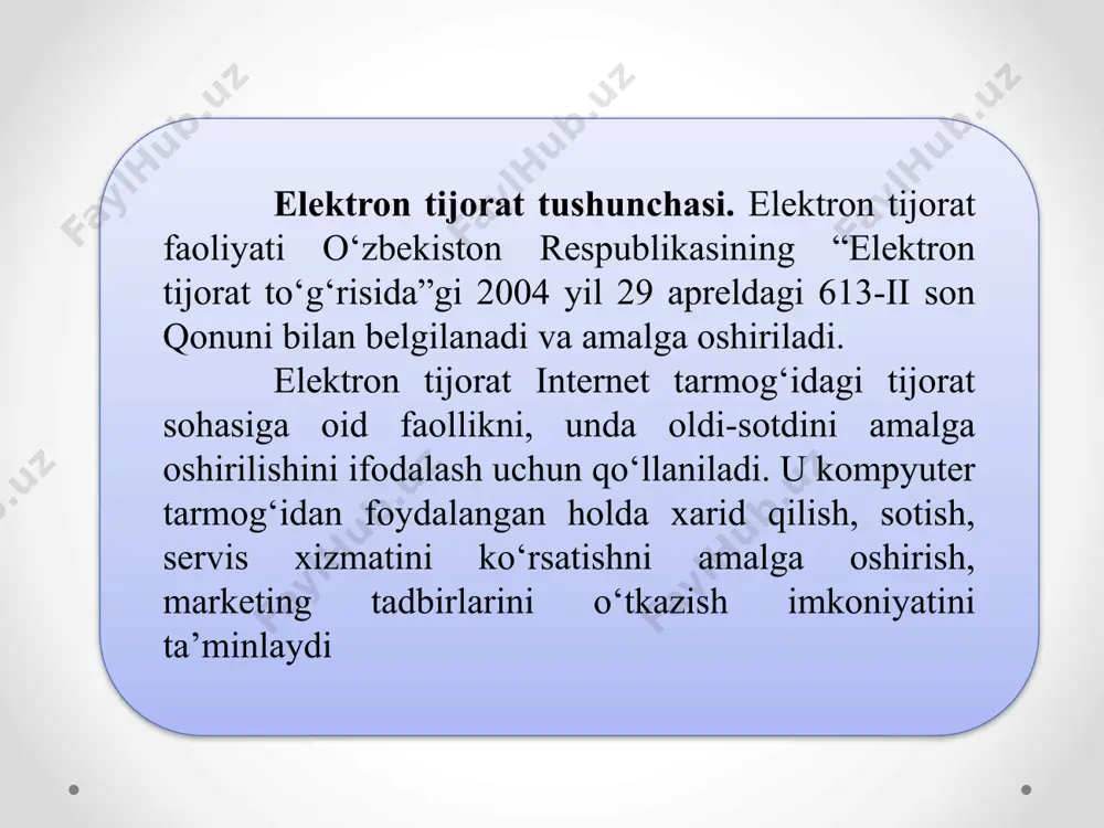 bank ishlovidan o‘tishining barcha bosqichlarini kuzatish; xatolar to‘g‘risida xabarlarni tezkor olish; elektron karmon - bu elektron pullarni saqlash uchun mo‘ljallangan vosita. elektron karmonni to‘ldirish va ulardan pul echishni quyidagi usullar bilan amalga oshirish mumkin: 1. tijorat banklarida naqd pul bilan; 2. bank kartalari (visa, mastercard, uzkart) yordamida; 3. pochta orqali; 4. internet-banking yordamida; 5. pul o‘tqazmalar tizimlari yordamida; 6. mobil aloqa yordamida. 9 mobil telefon – mobil aloqada foydalaniladigan telefon apparati turi. hozirgi kunda, mobil telefon klaviatura va ekranga ega bo‘lib asta-sekin kompyuter, faks apparati, telefon apparati, qaydlar kitobchasi vazifalarini bajaruvchi ko‘p maqsadli abonent tizimiga aylanmoqda. mobil aloqa muhiti – tayanch stansiyalar va bir guruh abonentlar tizimidan iborat bo‘lib, abonentlarning bir-birlari bilan o‘zaro axborot almashinuvini ta’minlovchi texnik vositalar majmuasi. mobil aloqa tizimida barcha ma’lumotlar mobil telefon orqali elektromagnit to‘lqinlari ko‘rinishida simsiz havo orqali uzatiladi. 10 mobil aloqa xizmati operatorlari – abonentlar (mijozlar) uchun mobil aloqa xizmatlarini taklif qiluvchi tashkilotdir. operatorlar …