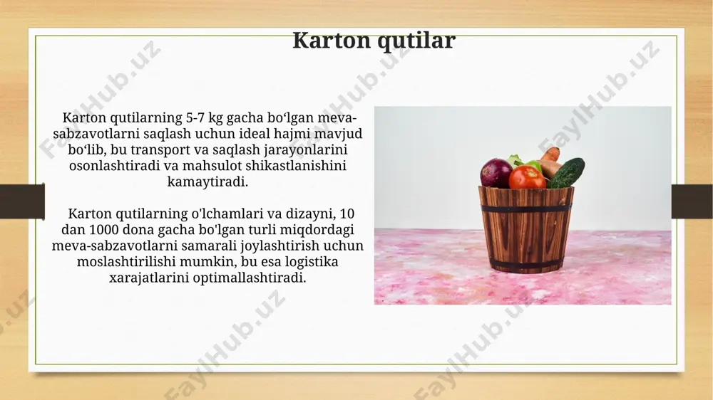 arini kamaytirishi va 30% ga yaqinroq saqlash muddatini uzaytirishi mumkin. ekologik toza konteynerlar, odatda, 5-25 kg sigʻimga ega boʻlib, qayta ishlanadigan materiallardan, masalan, qayta ishlangan qogʻoz yoki bambukdan tayyorlanadi va oziq-ovqat mahsulotlarini saqlash muddatini uzaytiradi. to'qima sumkalar turli xil to'qima turlaridan, masalan, polipropilen yoki poliamiddan tayyorlangan sumkalar, har xil meva-sabzavotlarning o'ziga xos talablariga moslashtirilgan hajm va mustahkamlikka ega bo'lishi mumkin. to'qima sumkalarni qayta ishlash imkoniyati ularning ekologik jihatdan qulayligini oshiradi, lekin bu ularning 100% qayta ishlanishini kafolatlamaydi, chunki ba'zi to'qimalarni qayta ishlash murakkab bo'lishi mumkin. metall idishlar metall idishlar, masalan, konservalangan meva va sabzavotlar uchun ishlatiladigan qalay qutilari, mahsulotlarni 5-10 yilgacha saqlash imkonini beradi va ularning sifati va xavfsizligini ta'minlaydi. katta hajmdagi metall idishlardan, masalan, 50-100 litr sig'imli baklardan, fermer xo'jaliklarida meva va sabzavotlarni yig'ish va tashish uchun foydalaniladi, bu esa ularning isrofgarchiligini kamaytiradi. e'tiboringiz uchun rahmat @taqdimot_robot image7.jpg image8.jpg image9.jpg image10.jpg image11.jpg image12.jpg image13.jpg image14.jpg image15.jpg image16.jpg image17.jpg image18.jpg …