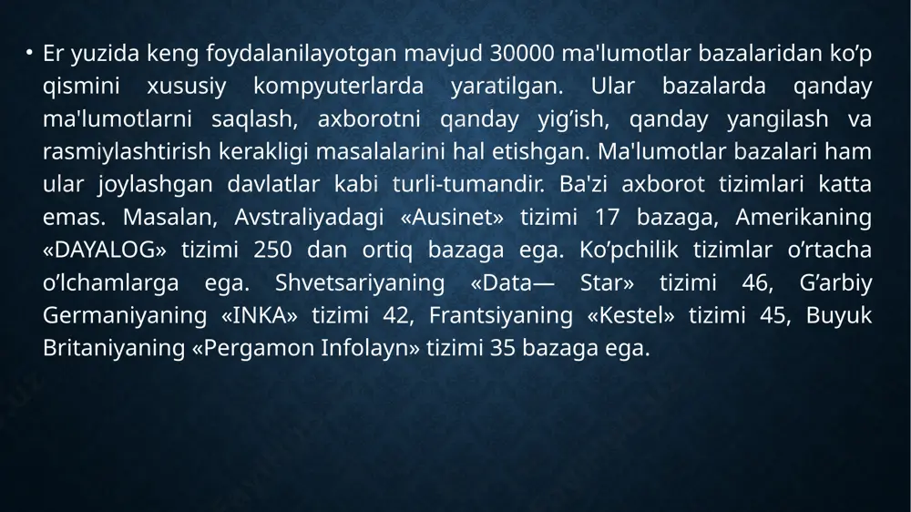 iga kiradi. chunki bu tizimda ma'lumotlar orasida eng qulay bog’lanishlarni amalga oshirish mumkin. ma'lumotlarning relyatsion modeliga mos holda yaratilgan ma'lumotlar bazasiga ma'lumotlarning relyatsion bazasi deyiladi. ma'lumotlarning relyatsion tizimini yaratish va undan foydalanish uchun yaratilgan tizimga ma'lumotlar bazasini boshqarishning relyatsion tizimi deyiladi. ma'lumotlarning jadval ko’rinishida saqlanishiga ma'lumotlarning relyatsion modeli deyiladi. image2.png image3.png image4.png image5.png image6.png image7.png image8.png image9.png image10.png image11.png image12.png image13.png image14.png image15.png image16.png /docprops/thumbnail.jpeg