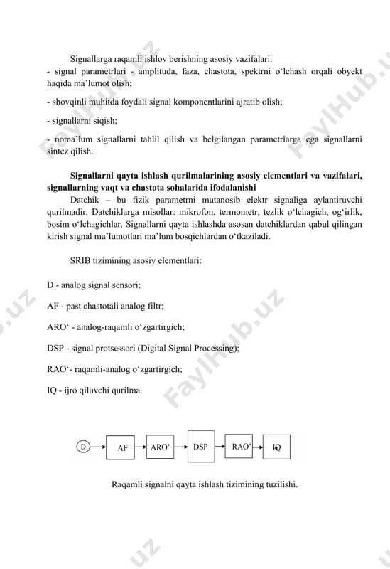 ignalning asosiy xususiyatlari ehtimollik ta'qsimoti: tasodifiy signallar odatda ehtimollik taqsimotlari orqali tavsiflanadi, masalan, normal (gauss) taqsimoti, eksponential taqsimoti yoki boshqa statistik modellar. o'rtacha va dispersiya: tasodifiy signalning o'rtacha qiymati va dispersiyasi uning asosiy statistik xususiyatlaridir. o'rtacha signalning markazini ifodalaydi, dispersiya esa tarqalishini ko'rsatadi. avtomatik korrelatsiya: bu signalning vaqt bo'yicha qanday bog'liqligini ko'rsatadi va uning ma'lumotlariga tahlil qilish imkonini beradi. o'lchovlarning turlari tasodifiy signallarni tavsiflash uchun bir nechta statistik o'lchovlar mavjud: - o'rtacha qiymat (mean): signalning o'rtacha darajasini ifodalaydi. - dispersiya (variance): signalning tarqalishini va diversifikatsiyasini ko'rsatadi. - standart og'ish (standard deviation): dispersiyaning ildizi. tasodifiy signallarning turi 1. aloqa signallari: masalan, radio to'lqinlari. 2. ovozli signallar: masalan, ovoz yozuvlari. 3. tabiatdagi shovqin: masalan, shamol shovqini. qayta ishlash usullari filtratsiya signalni tozalash uchun turli xil filtrlarni qo'llash mumkin: - past chastotali filtr: yuqori chastotali shovqinlarni yo'qotadi. - yuqori chastotali filtr: past chastotalarni kamaytiradi. - bantpass filtri: faqat ma'lum bir chastota oralig'idagi signalni …