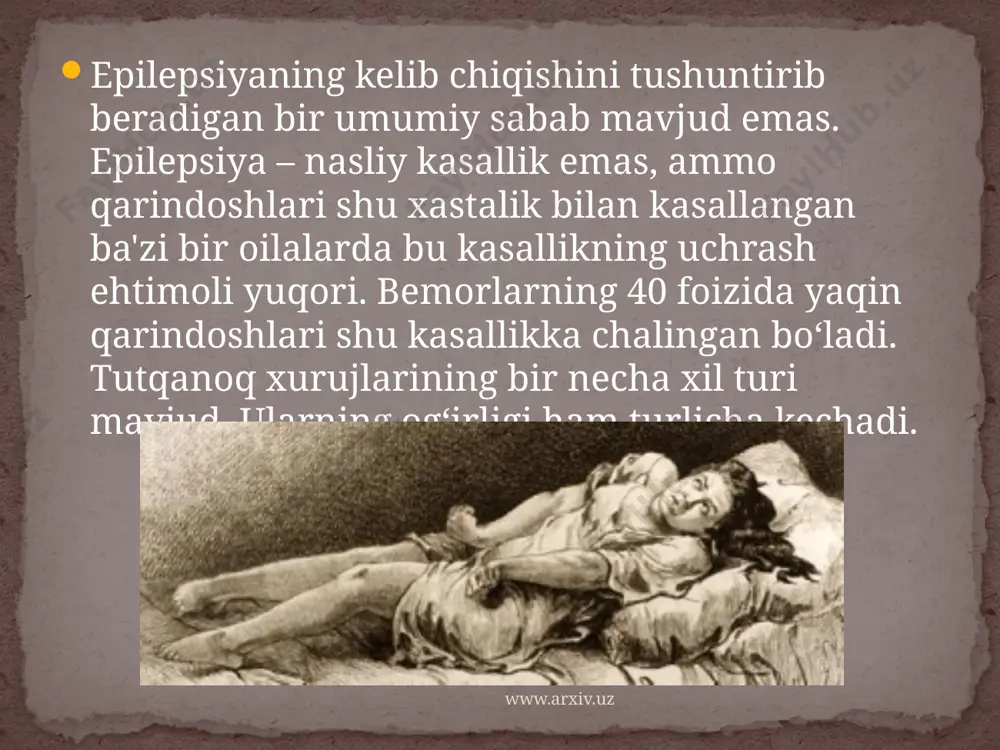 tgan vaqtda bemorning qo`l oyoqlarining lat yishidan asrash uchun ularni ushlab turish kerak, bo`lmasa suyaklar sinishi mumkin. ko`ylak yoqasini yechish, tilini tishlab olmaslig uchun sochiq chetini yumaloq qilib og`ziga tiqib qo`yish kerak. so`lak bir tomonga oqib turrishi uchun bemorni yon boshlab yotqizib qo`yish tavsiya etiladi. tutqanoq tutib bo`lgandan keyin bemorni uyg`otmaslik kerak parvarish qilish www.arxiv.uz image3.jpeg image4.jpeg image5.jpeg image6.jpeg image7.jpeg image8.jpeg