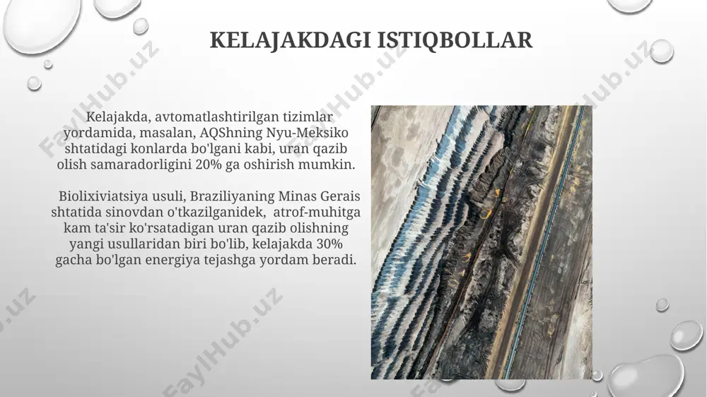 ing olburi shahridagi konlarda, xavfsizlik choralariga rioya qilish maqsadida, har bir ishchi uchun kamida 3 kub metr havo ta'minoti ta'minlanadi. qonun hujjatlari va tartib-qoidalari ўзбекистондаги уран конларини ишлатиш бўйича 2018 йилги 268-сонли “уран конларидан фойдаланиш тўғрисида”ги қонун, 1000 м чуқурликдан ортиқ бўлган конлар учун қўшимча хавфсизлик чораларини белгилайди. ўзбекистон республикасининг “радиациявий хавфсизлик тўғрисида”ги қонунига кўра, уран чиқиб кетишининг 10% дан юқориси бўлган ҳолатларда, 24 соат ичида тегишли давлат органларига хабар берилиши шарт. insitu yuvish usuli in-situ yuviş usuli, masalan, aqshning wyoming shtatida joylashgan uran konlarida qo'llaniladi va yer osti suvlarining 1000 metrgacha chuqurlikdagi qatlamlaridan uranni eritib olish va keyinchalik qayta ishlashni o'z ichiga oladi. in-situ yuviş jarayoni, taxminan 1-3 yil davom etadi va yer yuzasiga minimal ta'sir ko'rsatadi, shuningdek, qazib olishdan keyin yerni reabilitatsiya qilish xarajatlarini sezilarli darajada kamaytiradi, masalan, qozog'istonning ayrim hududlarida qo'llanilganidek. kimyoviy boyitish usullari qoraqalpog‘iston respublikasida joylashgan bir qator uran konlarida ion almashinuvi texnologiyasi orqali 75% ga …