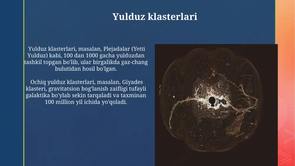ining spiral tuzilishiga ta'sir qiladi, masalan, andromeda galaktikasida (m31) kuzatiladigan spiral qo'llarni shakllantirishda yulduzlarning tug’ilish to’lqinlari muhim rol o’ynaydi. taxminan 10 milliard yil avval, katta portlashdan keyin, birinchi yulduzlar (populyatsiya iii) vodorod va geliydan iborat edi va ularning massasi quyosh massasidan 100 baravar ko'p edi. qora tuynuklar qora tuynuklarning massasi quyosh massasining 3 dan 100 million baravarigacha yetishi mumkin boʻlib, ularning tortish kuchi juda kuchli, hatto yorugʻlik ham qochib qutula olmaydi. qora tuynuklarning hosil boʻlishi juda katta yulduzlarning oʻz ogʻirligiga chidamasligi va gravitatsion qulashi natijasida yuz beradi, bu jarayon 10-15 quyosh massasidan ortiq boʻlgan yulduzlarda kuzatiladi. yulduzlarning oʻlchamlari va massalari o'rtacha massali yulduzlar, masalan, quyoshga o'xshash yulduzlar, taxminan 10 milliard yil yashaydi, hozirgi vaqtda quyosh 4,6 milliard yoshda. yulduzlarning massasi quyosh massasining o'ndan bir qismidan (0.08 quyosh massasi) tortib yuzlab quyosh massasigacha o'zgarib turadi, bu esa ularning o'lchamlariga va evolyutsion yo'llariga katta ta'sir ko'rsatadi. protostellar yadrosi shakllanishi protostellar yadrosi shakllanishining …