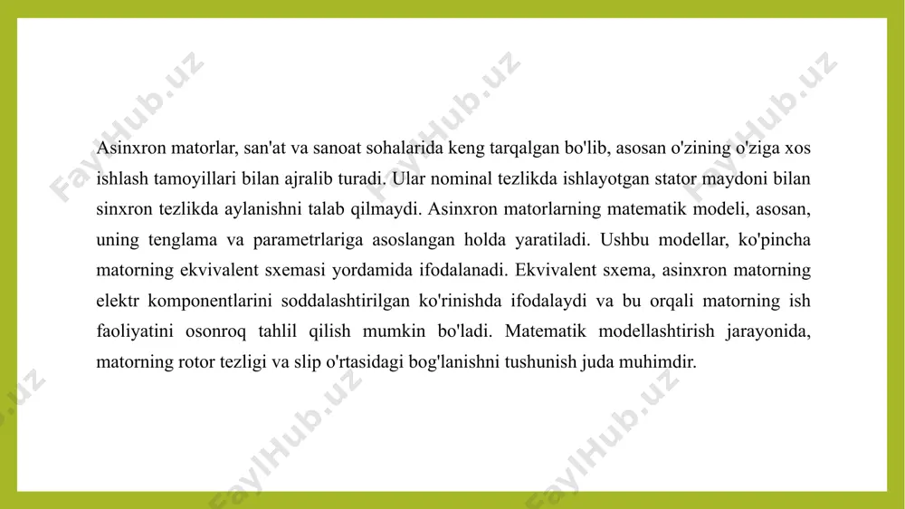 gartkich bo’lishi kerak. natijada bunday qurilma murakkablashadi va dvigatelning foydali ish koeffitsientini kamaytiradi. ammo bunday usul elektr tarmog’iga ulangan bir nechta asinxron dvigatellarning tezliklarini rostlashda qo’llaniladi. bu usul bilan aylanishlar soni kata bolgan asinxron dvigatellarning tezligi boshqariladi. asinxron matorlar, elektr energiyasini mexanik energiyaga aylantirishda keng qo‘llaniladigan qurilmalardir. ular, ayniqsa, sanoat sohalarida tez-tez uchraydi va o‘ziga xos xususiyatlari tufayli matematik modellashtirishni talab etadi. asinxron matorning asosiy xususiyati shundaki, uning rotor tezligi stator maydonining sinkron tezligi bilan mos kelmaydi. asinxron matorning matematik modeli, asosan, elektr va mexanik komponentlar o‘rtasidagi o‘zaro bog‘liqlikni aks ettiradi. bu model, elektr kuchlanishi, oqim, kuchlanishlar, moment va rotor tezligi kabi parametrlarni o‘z ichiga oladi. asinxron matorlarning matematik modellarini yaratishda, eng avvalo, ekvivalent sxema asosida yondashiladi. ekvivalent sxema, matorning ish faoliyatini osonlashtirish uchun uning elektr komponentlarini oddiy shaklda ifodalaydi. bu sxemada, stator va rotor o‘rtasida o‘zaro bog‘lanish ko‘rsatiladi, shuningdek, matorning kuchlanish, oqim va moment kabi asosiy xususiyatlari ham aks …