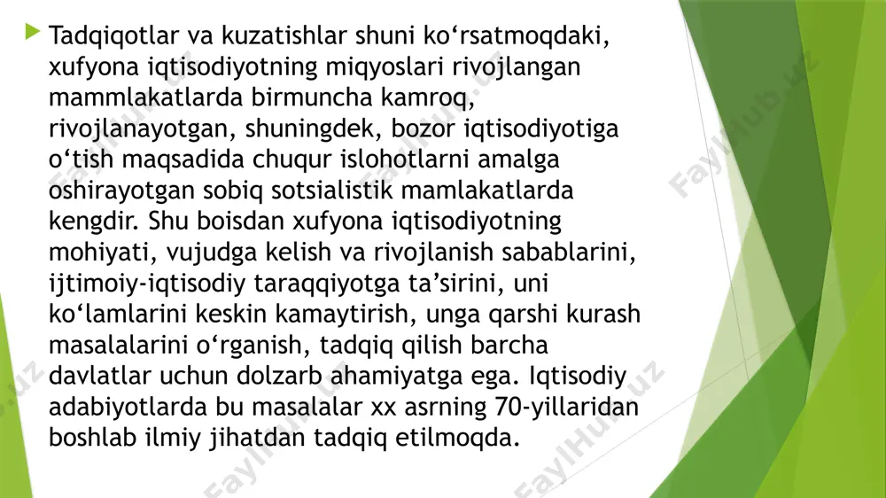 uzaga keltiradi, ayniqsa, buning oqibatida biron naf ko‘rish mumkin bo‘lsa. xufyona iqtisodiyotning ko‘p turlari (masalan, soliq to‘lashdan bosh tortish) davlat tomonidan tartibga solish jarayonidagi kamchiliklar sababli yuzaga keladi masalan boshqaruvning byurokratlashtirilganligi, soliq stavkalari yuqoriligi va h.k. xufyona iqtisodiyotining rivojlanishi, bir tomondan, davlatning aralashuvi haqiqatiga munosabatdir. cheklovlarsiz tartibga solish mumkin emas va asossiz cheklovlar ularning buzilishiga olib keladi, ayniqsa bu foydali bo‘lsa. xufyona iqtisodiyotining ko‘plab turlari (masalan, soliq to‘lashdan bo‘yin tovlash) ko‘p jihatdan davlat tomonidan tartibga solishning kamchiliklari bilan izohlanadi: – menejmentning byurokratizatsiyasi, soliqlarning haddan tashqari ko‘pligi va boshqalar. biroq, hatto eng yaxshi markazlashtirilgan boshqaruv tizimi ham xufyona iqtisodiyot hajmini kamaytirishi mumkin, ammo uni bartaraf eta olmaydi. va eng kam soliq bo‘lgan taqdirda xam, soliq to‘lovchilarning bir qismi majburiy ravishda to‘lashdan bo‘yin tovlashadi. – boshqa tomondan, zamonaviy xufyona iqtisodiyoti nafaqat bozor erkinligini cheklashga urinishlar natijasida, balki bozor munosabatlarining o‘ziga xos xususiyati tufayli ham paydo bo‘ldi. bozor iqtisodiyoti foyda olish, daromadlarni taqsimlash …