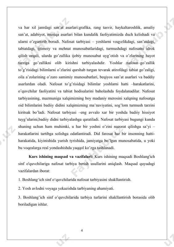 olib kirishni tarbiyalashdir. yoshlar nafosat–go’zallik to’g’risidagi bilimlarni o’zlarini qurshab turgan tevarak atirofdagi tabiat go’zaligi, oila a’zolarining o’zaro samimiy munosabatlari, beqiyos san’at asarlari va baddiy asarlardan oladi. nafosat to’g’risidagi bilimlar yoshlarni hatti –harakatlarini, o’quvchilar faoliyatini va tabiat hodisalarini baholashda foydalanadilar. nafosat tarbiyasining, mazmuniga xalqimizning boy madaniy merosini xalqning nafosatga oid bilimlarini badiiy didini xalqimizning ma’naviyatini, sog’lom turmush tarzini kiritsak bo’ladi. nafosat tarbiyasi –eng avvalo xar bir yoshda badiiy hissiyot tuyg’ularini,badiiy didni tarbiyalashga qaratiladi. nafosat tarbiyasi bugungi kunda shuning uchun ham muhimki, u har bir yoshni o’zini nazorat qilishga sa’yi – harakatlarini tartibga solishga odatlantiradi. did farosat har bir insonning hatti-harakatida, kiyinishida yurish tyrishida, jamiyatga bo’lgan munosabatida, u yoki bu voqyealarga real yondashishda yaqqol ko’zga tashlanadi. maktab hujjatlarini tahlil qilish metodi respublikamiz rahbariyatining xalq ta`limi yuzasidan qabul qilingan qaror va yo`l-yo`riqlari asosida maktabda bajarilgan va bajarilayotgan ta`limtarbiya ishlarini yuritilgan hujjatlar orqali aniqlash metodi ham mavjuddir. maktab hujjatlarini tekshirish orqali o`qituvchilar va o`quvchilar …