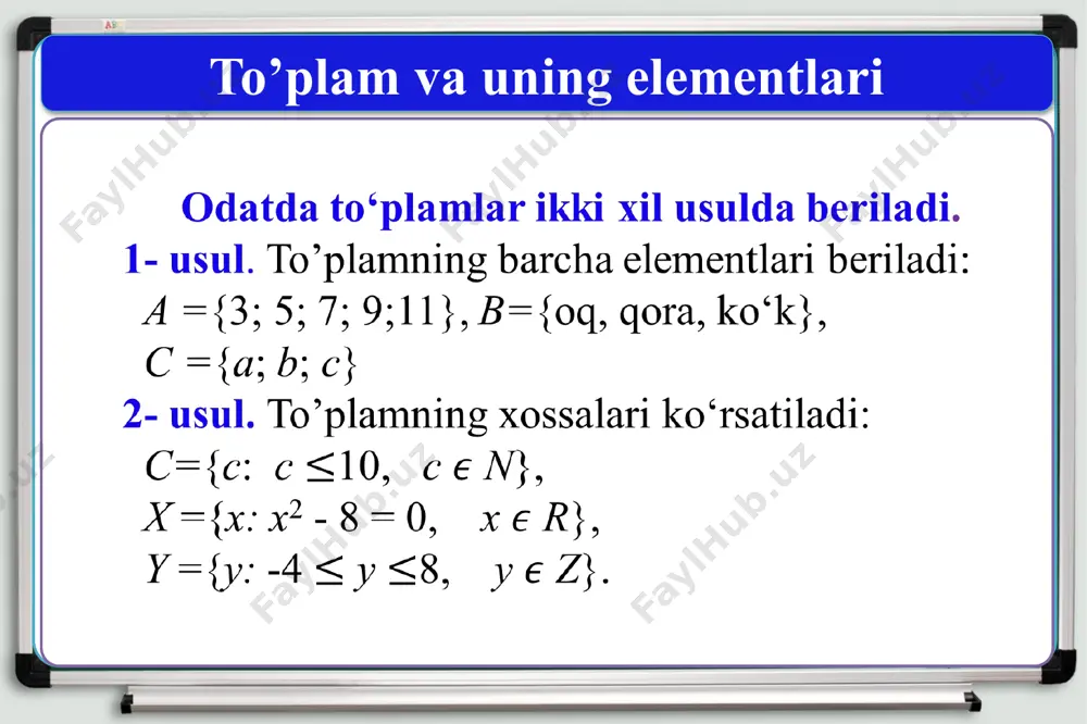 lgandagi qism to‘plamlar soni a to‘plamdan 1 ta chiqarilib tashlangandagi qism to‘plamlari sonidan 24 taga ko‘p bo‘lsa, a to‘plamning qism to‘plamlar sonini toping. a) 32 b) 8 c) 4 d) 16 yechish: a ={a1, a2, a3, a4, … an-1, an } to‘plamning qism to‘plamlar soni b ={a1, a2, a3, a4, … an-1, an , an+1} qism to‘plamlar soni c ={a1, a2, a3, a4, … , an-1} qism to‘plamlar soni ga teng. unda , javob: d) 16 7-masala venn diagrammasi to‘plamlarni venn diagrammalari yordamida tasvirlash maqsadga muvofiq. venn diagrammasida u universal to‘plam − to‘g‘ri to‘rtburchak, to‘plam esa shu to‘rtburchak ichida yotgan doira kabi tasvirlanadi. masalan, rasmda u universal to‘plam ichida a to‘plam tasvirlangan. doira tashqarisidagi bo‘yalgan soha a to‘plamning to‘ldiruvchisi deyiladi va kabi belgilanadi. a u venn diagrammasi a b а \ в = a- (a ⋂ b) ayirma b \ a = b – (a ⋂ b) ayirma a ⋂ …