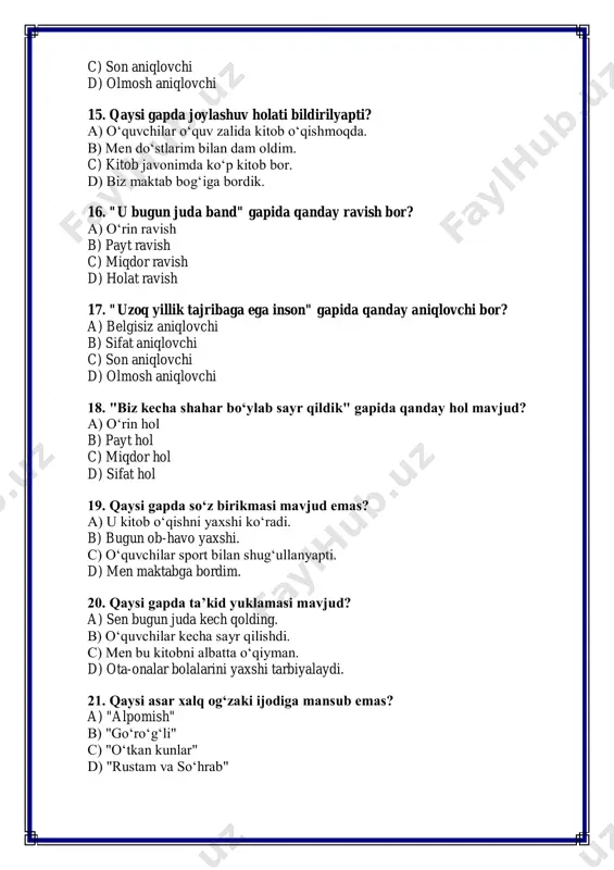 est javoblari 1 - d 2 - b 3 - c 4 - c 5 - b 6 - b 7 - a 8 - a 9 - c 10 - b 11 - b 12 - b 13 - d 14 - d 15 - a 16 - c 17 - b 18 - a 19 - b 20 - c 21- c 22-a 23-a 24-d 25-b 2-variant 1. qaysi gapda ega sifatdosh vositasida ifodalangan? a) kecha bizning sinf toza qilindi. b) o‘qigan kitoblarim juda foydali bo‘ldi. c) u darslarni diqqat bilan tinglaydi. d) sport bilan shug‘ullanish foydalidir. 2. "bu kitob menga juda yoqdi" gapida qanday to‘ldiruvchi mavjud? a) vositasiz to‘ldiruvchi b) vositali to‘ldiruvchi c) hol d) aniqlovchi 3. qaysi gapda vositasiz to‘ldiruvchi ishlatilgan? a) men bu yangilikni kecha eshitdim. b) o‘quvchilar sport bilan shug‘ullanmoqda. c) kitob javonida ko‘p kitob bor. d) u menga kitob berib yubordi. 4. "men …