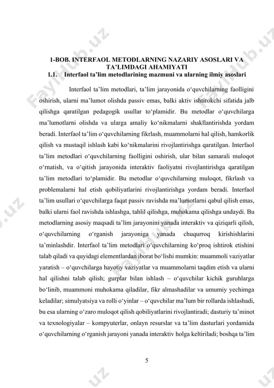 hozirda mavjud. amaliyotda ulardan muayyan maqsadlar uchun moslarini ajratib tegishlicha qo’llash mumkin. bu holat hozirda interfaol ta’lim metodlarini ma’lum maqsadlarni amalga oshirish uchun to’g’ri tanlash muammosini keltirib chiqargan. buning uchun dars jarayoni oqilona tashkil qilinishi, ta’lim beruvchi tomonidan ta’lim oluvchilarning qiziqishini orttirib, ularning ta’lim jarayonida faolligi muttasil rag’batlantirib turilishi, o’quv materialini kichik-kichik bo’laklarga bo’lib, ularning mazmunini ochishda aqliy hujum, kichik guruhlarda ishlash, bahs-munozara, muammoli vaziyat, yo’naltiruvchi matn, loyiha, rolli o’yinlar kabi metodlarni qo’llash va ta’lim oluvchilarni amaliy mashqlarni mustaqil bajarishga undash talab etiladi __________ tukhtayeva, r. (2018). interfaol ta'lim metodlari: nazariy asoslar va amaliyot. toshkent: ta'lim, 140 bet. interfaol metod biror faoliyat yoki muammoni o’zaro muloqotda, o’zaro bahsmunozarada fikrlash asnosida, hamjixatlik bilan hal etishdir. bu usulning afzalligi shundaki, butun faoliyat o’quvchi-talabani mustaqil fikrlashga o’rgatib, mustaqil hayotga tayyorlaydi. interfaol metodlar deganda – ta’lim oluvchilarni faollashtiruvchi va mustaqil fikrlashga undovchi, ta’lim jarayonining markazida ta’lim oluvchi bo’lgan metodlar tushuniladi. bu metodlar qo’llanilganda ta’lim …