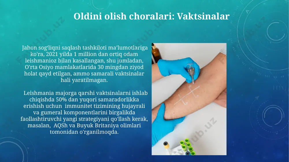 . markaziy osiyoda, xususan, oʻzbekistonning qashqadaryo viloyatida teri leishmaniozining 2022-yilda 1500 dan ortiq holati qayd etilgan boʻlib, bu kasallikning yuqori darajadagi tarqalishini koʻrsatadi. diagnostika: laboratoriya usullari serologik testlar, elisa kabi, 80% ga yaqin sezuvchanlikka ega bo'lsa-da, surxon viloyati singari endemik hududlarda kasallikning dastlabki bosqichlarida aniqlashda chegaralangan. tegishli hududlardan, xususan, qashqadaryo viloyatidan olingan terining ponksiyon biopsiyasi namunalarida leishmania parazitlarining mikroskopik tekshiruvi tashxis qo'yishning asosiy usullaridan biri hisoblanadi. adabiyotlar ўзбекистонда тери лейшманиозининг 2 та асосий тури – тери лейшманиози ва висцерал лейшманиози учрайди. 2020 йилги маълумотларга кўра, республикамизда 500 дан ортиқ тери лейшманиози ҳолати қайд этилган. жаҳон соғлиқни сақлаш ташкилотининг маълумотларига кўра, 2021 йилда дунё бўйлаб 1 миллиондан ортиқ тери лейшманиози ҳолатлари қайд этилган бўлиб, бунинг 90% дан ортиғи африка ва жанубий америка мамлакатларига тўғри келади. davolash: antimikrobial terapiya меглюмин антимониат, 20 мг/кг дозада, кунига икки марта, 21 кун давомида юборилади, айниқса, ўрта осиё минтақасидаги лейшманиознинг турли шаклларини даволашда самарадорлиги яхши ўрганилган. …