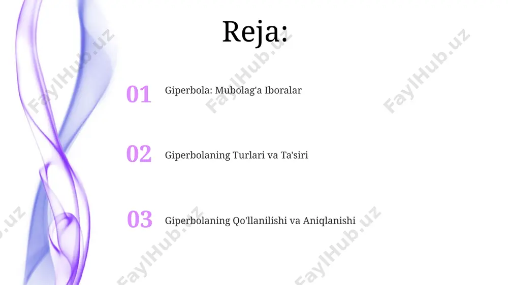 l tariqasida samarqanddagi voqealar keltirilgan. ta'kidlash ta'kidlash vositalari, jumladan, takrorlash, qaytarish va so'zlarning o'zgarishi, 50 dan ortiq misol bilan darsliklarda ko'rsatiladi, toshkent shahridagi universitetlarda tadqiq qilinadi. 15-asrda navoiy asarlarida ta'kidlashning turli usullari ishlatilgan bo'lib, badiiy adabiyot tahlilida shu davrga oid 200 dan ortiq manbalar qo'llaniladi. qo'llanilish sohalari reklamda, taxminan 50% dan ortiq hollarda, mahsulotlarning afzalliklarini juda oshirib ko'rsatish uchun giperboladan foydalaniladi, masalan, amerika qo'shma shtatlarida ishlab chiqarilgan mahsulotlar reklamasida. giperbola, 100 dan ortiq she'riyat namunalarida, jumladan, alisher navoiy asarlarida va jahon adabiyoti klassikalarida, obrazlilikni kuchaytirish uchun qo'llaniladi. kinoya (sarkazm) kinoya, adabiyotda, ayniqsa, 19-asr sheʼriyatida, 20 ta misradan iborat sheʼrda, qahramonning yomon kayfiyatini 5 marta kuchaytirish uchun ishlatilgan. kinoya, masalan, "ajoyib!", deb aytish orqali, 100% muvaffaqiyatsiz boʻlgan 3ta loyihadan keyin, oʻzbekistonning janubiy hududlarida qilingan taqdimotdan keyin ifodalanadi. giperbolaning turlari giperbolaning turli xalqlarda, jumladan, o'zbek, rus va ingliz adabiyotlarida qo'llanilish uslublari va intensivligi jihatidan 2-3 ta sezilarli farqlar mavjud. masalan, o'zbek she'riyatida …
