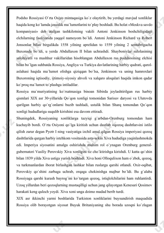 a yaqinlashmokda edi. imperiya siyosatini amalga oshirishda muhim rol o`ynagan orenburg general-gubernatori vasiliy perovskiy xiva xonligini tiz cho`ktirishga kirishdi. u katta qo`shin bilan 1839 yilda xiva ustiga yurish boshladi. xiva honi olloqulixon ham o`zbek, qozoq, va turkmanlardan iborat birlashgan lashkar bilan ruslarga qarshi otlandi. oxir-oqibat, perovskiy qo`shini zarbaga uchrab, orqaga chekinishga majbur bo`ldi. bu g`alaba rossiyaga qarshi kurash bayrog`ini ko`targan qozoq, istiqlolchilarini ham ruhlantirdi. uzoq yillardan beri qozoqlarning mustaqilligi uchun jang qilayotgan kenesari qosimov harakati keng quloch yoydi. xiva xoni unga doimo madad berib turdi. xix asr ikkinchi yarmi boshlarida turkiston xonliklarini buysundirish maqsadida rossiya olib borayotgan siyosat buyuk britaniyaning shu borada uzoqni ko`zlagan rejalariga jiddiy xavf solar edi. shuning uchun angliya turli yo`llar bilan o`rta osiyodagi davlatlarni rossiyaga qarshi otlantirish payiga tushadi. 1831-1833 yillarda ost-indiya kompaniyasi leytenanti aleksandr berne hindistondan afg`onistonga, undan buxoroga sayyoh sifatida keladi. bu «sayohat» natijasida yig`ilgan dalillar va shaxsiy kuzatuvlar «buxoroga sayohat» deb nomlangan uch …