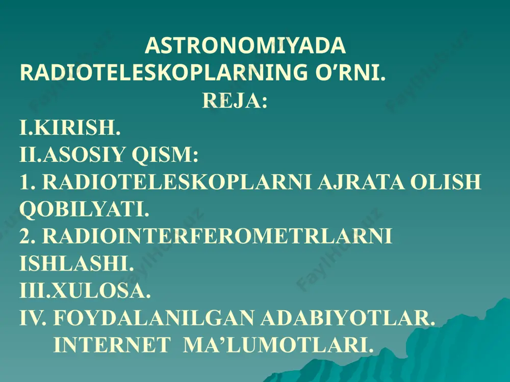 và qàytgàn nurlànish àntånnàning fokusidà yigilàdi. yigilgàn nurlànish to’lqin tàshuvchilàr yordàmidà priomnikkà uzàtilàdi. priåmnikdà nurlànishgà ishlîv bårilgàndàn kåyin u qàyd qilinàdi. janubiy еvrоpа оbsеrvаtоriyasining 15-mеtrli tеlеskоpi аrеsibоdаgi rаdiоtеlеskоp. puertо-rikо. osmon yoritqichlarining radionurlanishi juda kuchsiz bo’lganligi uchun uni juda katta (yuzlab kvadrat matr) yuzadan yigishga to’gri kaladi. buning uchun juda katta antannalar ko’rishga to’gri kaladi. radionurlanishni yigish optikada qo’llanilgan printsipga asoslangan. bu yerda, masalan, parabolik antanna raflaktorda bosh ko’zgu bajargan ishni bajaradi va u singari o’rnatiladi yo’naltiriladi va aylantiriladi. radiotalaskopning antannasi talavidaniada qo’llaniladigan va uylarning tomiga o’rnatiladigan parabolik antannaga o’xshash bo’ladi. talavidania antannalari qo’zgolmas, chunki eshittirish tarqatuvchi yer yo’ldoshi unga nisbatan qo’zgolmas vaziyatda bo’ladi, to’grirogi, yer shari bilan bir xil yo’nalishda va tazlikda aylanadi. osmon yoritqichlarining radionurlanishi tutash spaktrga o’xshash uzluksiz elaktromagnit to’lqinlar katma-katligidan iborat bo’ladi. bu to’lqinlarning bir qismigina (uzunligi bir sm dan 20 m gacha) yer atmosfarasida yutilishsiz o’tadi va yer yuziga yatib kaladi. bu to’lqinlar kang (10 mgts …