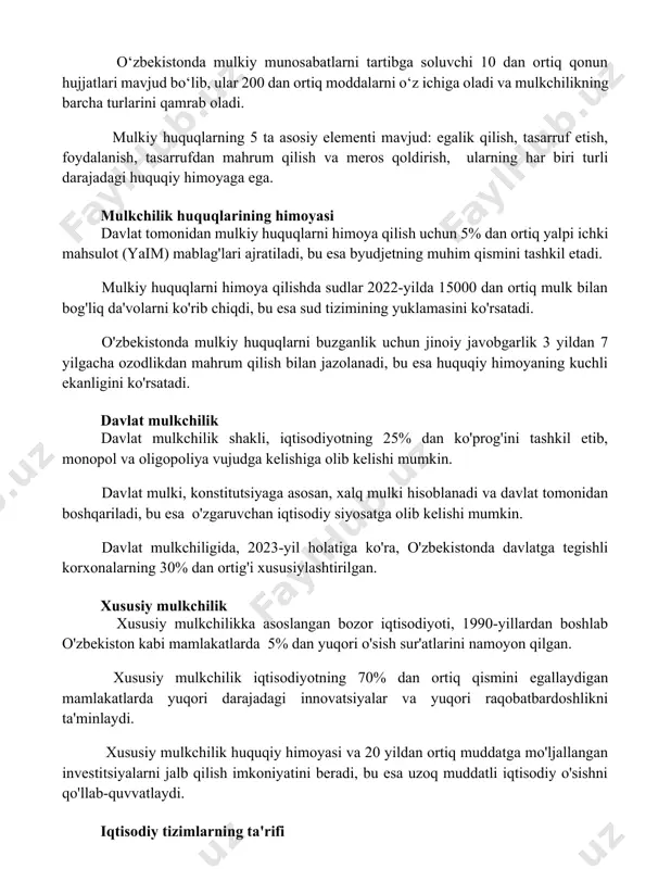quqlarning 5 ta asosiy elementi mavjud: egalik qilish, tasarruf etish, foydalanish, tasarrufdan mahrum qilish va meros qoldirish, ularning har biri turli darajadagi huquqiy himoyaga ega. mulkchilik huquqlarining himoyasi davlat tomonidan mulkiy huquqlarni himoya qilish uchun 5% dan ortiq yalpi ichki mahsulot (yaim) mablag'lari ajratiladi, bu esa byudjetning muhim qismini tashkil etadi. mulkiy huquqlarni himoya qilishda sudlar 2022-yilda 15000 dan ortiq mulk bilan bog'liq da'volarni ko'rib chiqdi, bu esa sud tizimining yuklamasini ko'rsatadi. o'zbekistonda mulkiy huquqlarni buzganlik uchun jinoiy javobgarlik 3 yildan 7 yilgacha ozodlikdan mahrum qilish bilan jazolanadi, bu esa huquqiy himoyaning kuchli ekanligini ko'rsatadi. davlat mulkchilik davlat mulkchilik shakli, iqtisodiyotning 25% dan ko'prog'ini tashkil etib, monopol va oligopoliya vujudga kelishiga olib kelishi mumkin. davlat mulki, konstitutsiyaga asosan, xalq mulki hisoblanadi va davlat tomonidan boshqariladi, bu esa o'zgaruvchan iqtisodiy siyosatga olib kelishi mumkin. davlat mulkchiligida, 2023-yil holatiga ko'ra, o'zbekistonda davlatga tegishli korxonalarning 30% dan ortig'i xususiylashtirilgan. xususiy mulkchilik xususiy mulkchilikka …